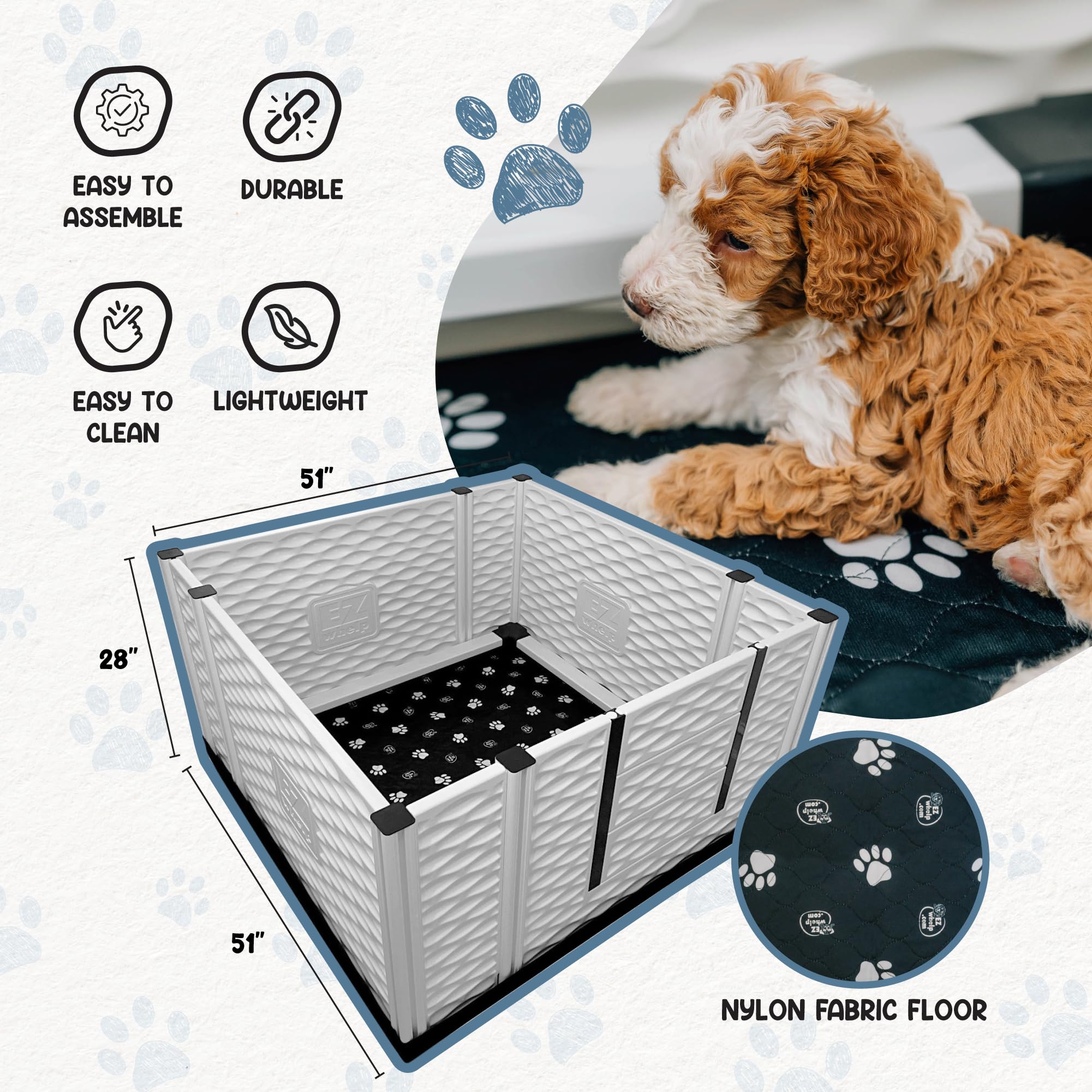 EZwhelp EZclassic Windowed 48"x48"x18" Whelping Box with Rails and Windowed Walls, Padded Dog Whelping Box, Black Pad