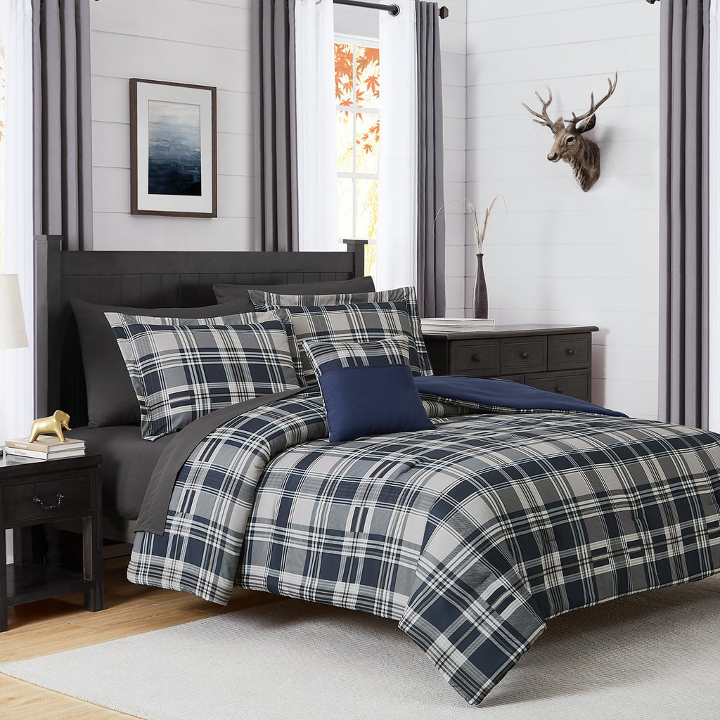 MaiRêve Queen Comforter Set, Classic Plaid Farmhouse Bedding Sets 7 Pieces, Beige All Season Bed in A Bag with Sheets, Pillowcases & Shams
