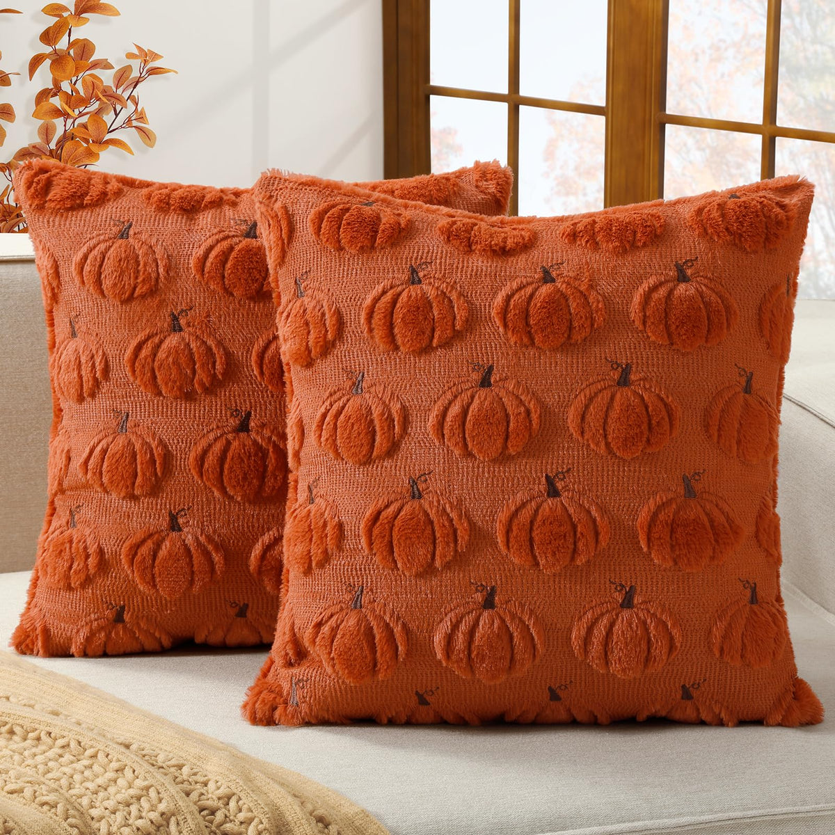 Fall Beige Pillow Covers 18x18 Set of 2 Double-Sided Pumpkin Plush | Boho farmhouse comfort with raised Autumn pumpkin embroidery, designed for living rooms, sofas, and cozy fall home decor.