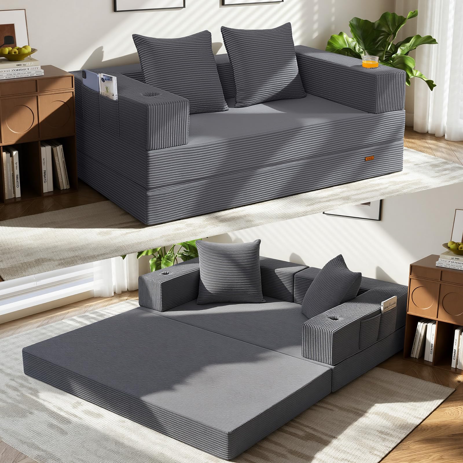 COMAX Futon Sofa Bed, 4‑in‑1 Convertible Sofa Bed, Folding Boneless Couches | Boneless Couch for living room, Fold Out Small Foldable Loveseat Floor Sleeper Mattress Lounge Space‑Saving, Ash Gray