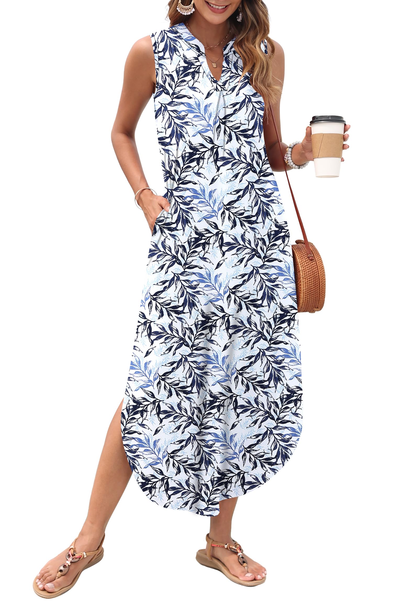 AUSELILY Womens Summer Casual Maxi Dresses 2026 Sleeveless Long Beach Dresses V Neck Loose Sundresses with Side Split Pockets