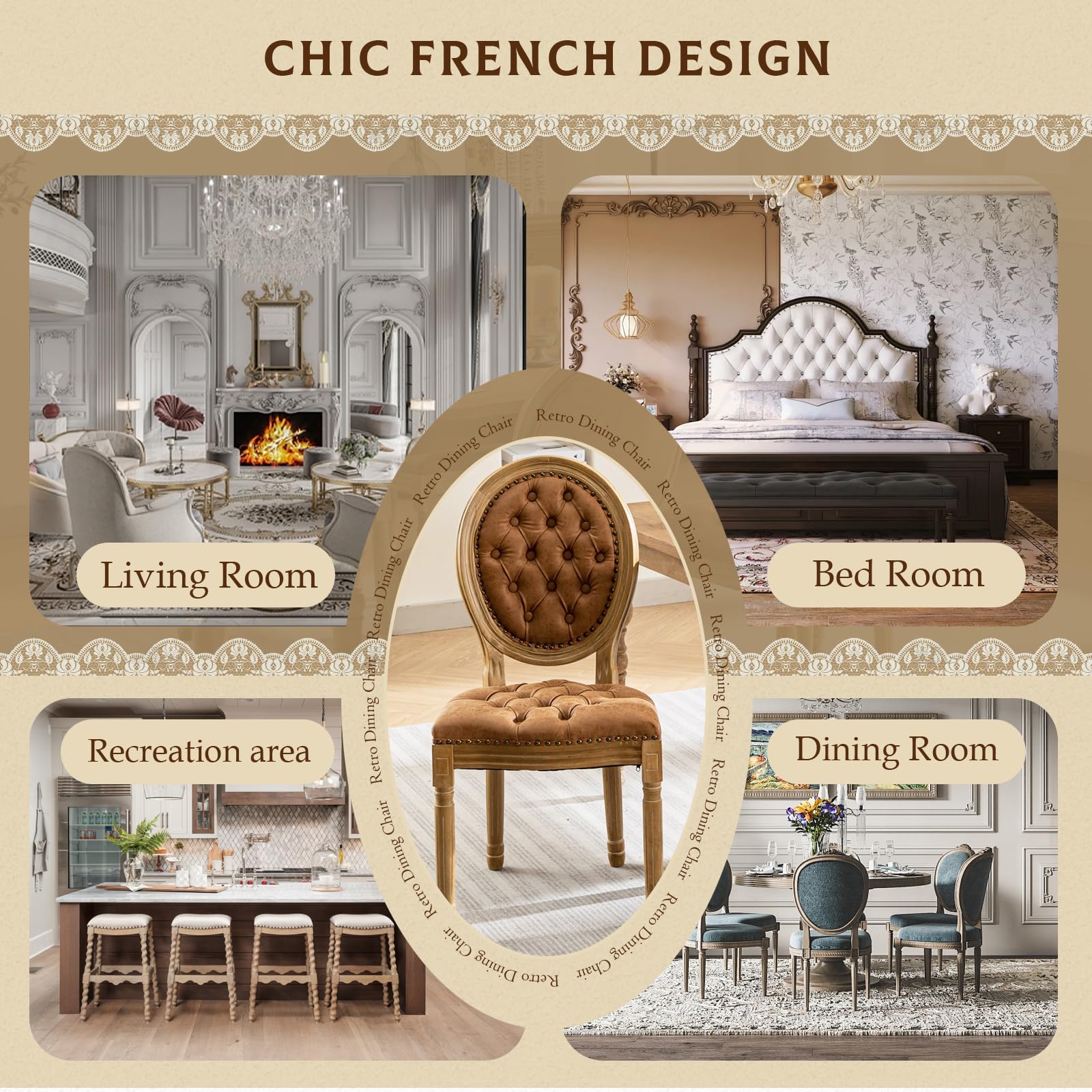 SoarFlash Linen French Dining Chairs Set of 2, Vantage Dining Chair with Round Back, Wood Leg Farmhouse Country Dining Chair for Living Room,Kitchen,Bedroom,Beige