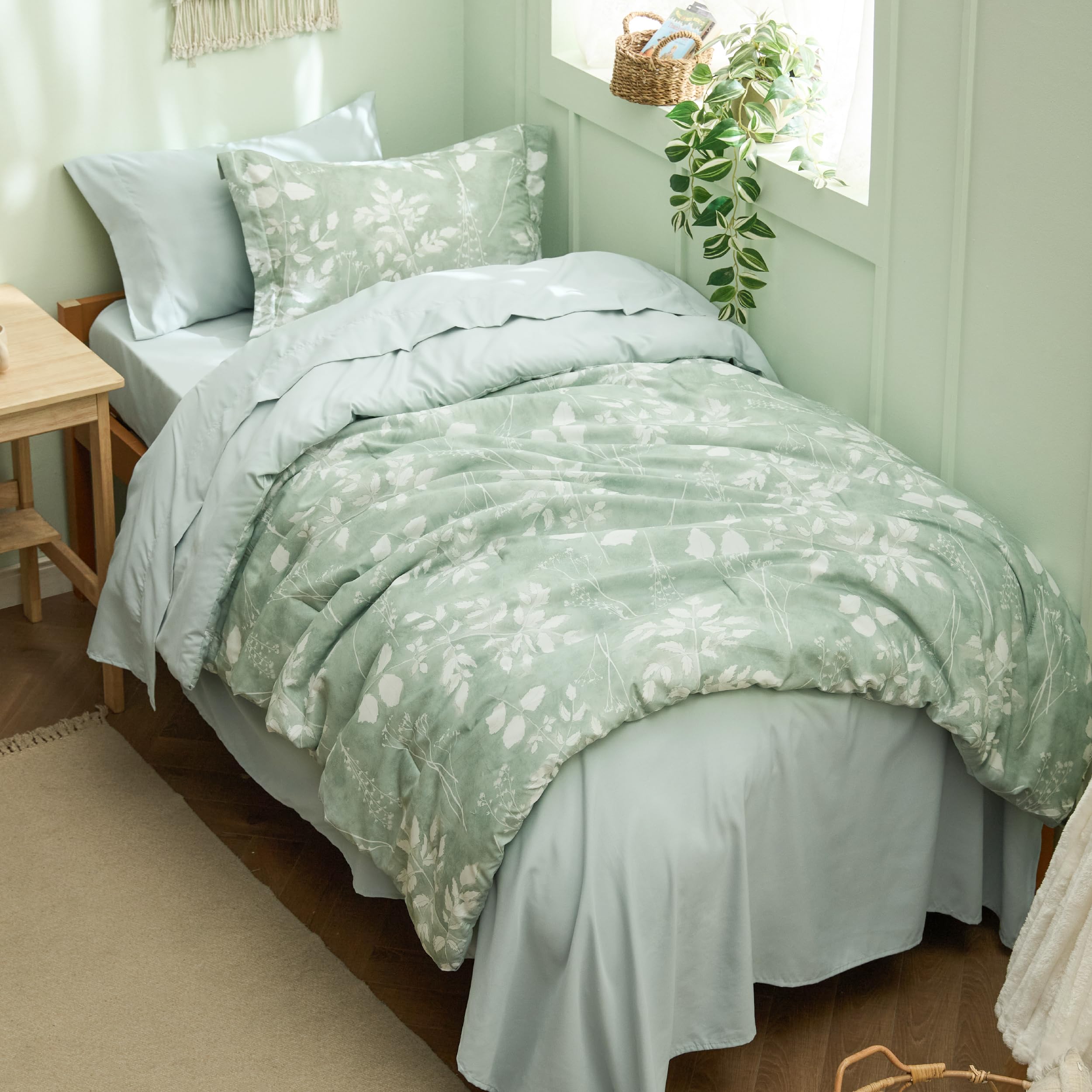 Bedsure Twin Comforter Set - 5 Pieces Floral Sage Green Soft Bedding Sets, Twin Bed in a Bag with Botanical Flowers Comforter, Sheets, Pillowcase & Sham