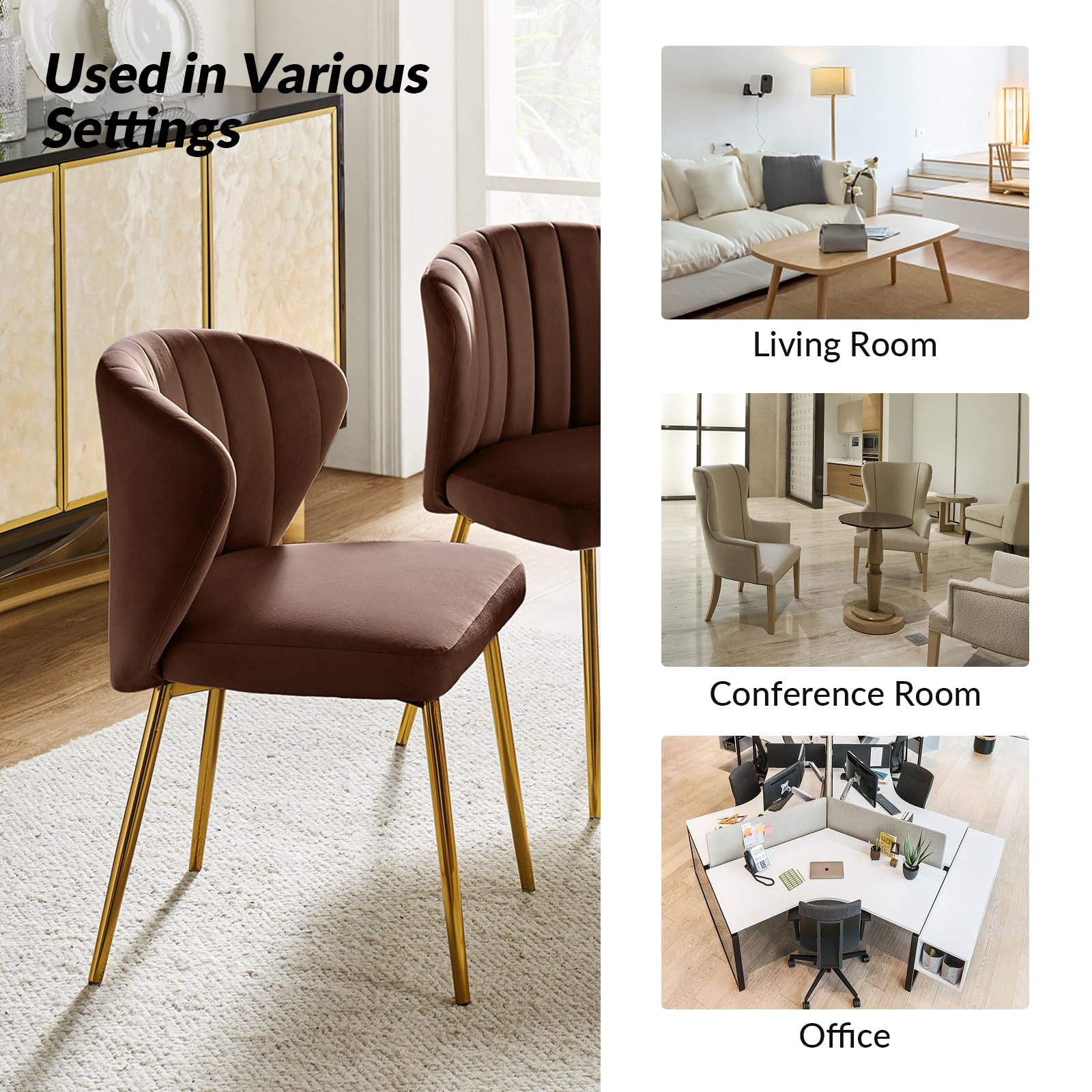 HULALA HOME Velvet Dining Chairs, Modern Small Armless Accent Chair with Gold Metal Legs, Living Room Upholstered Cute Side Chair, Elegant Tufted Back Vanity Chair for Bedroom, Auburn