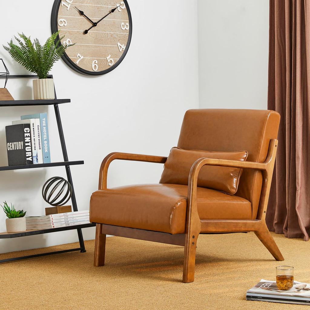 Glitzhome 2 Set Mid Century Black Accent Armchair, Single Reading Armchair PU Leather Lounge Chair with Walnut Ruberwood Frame