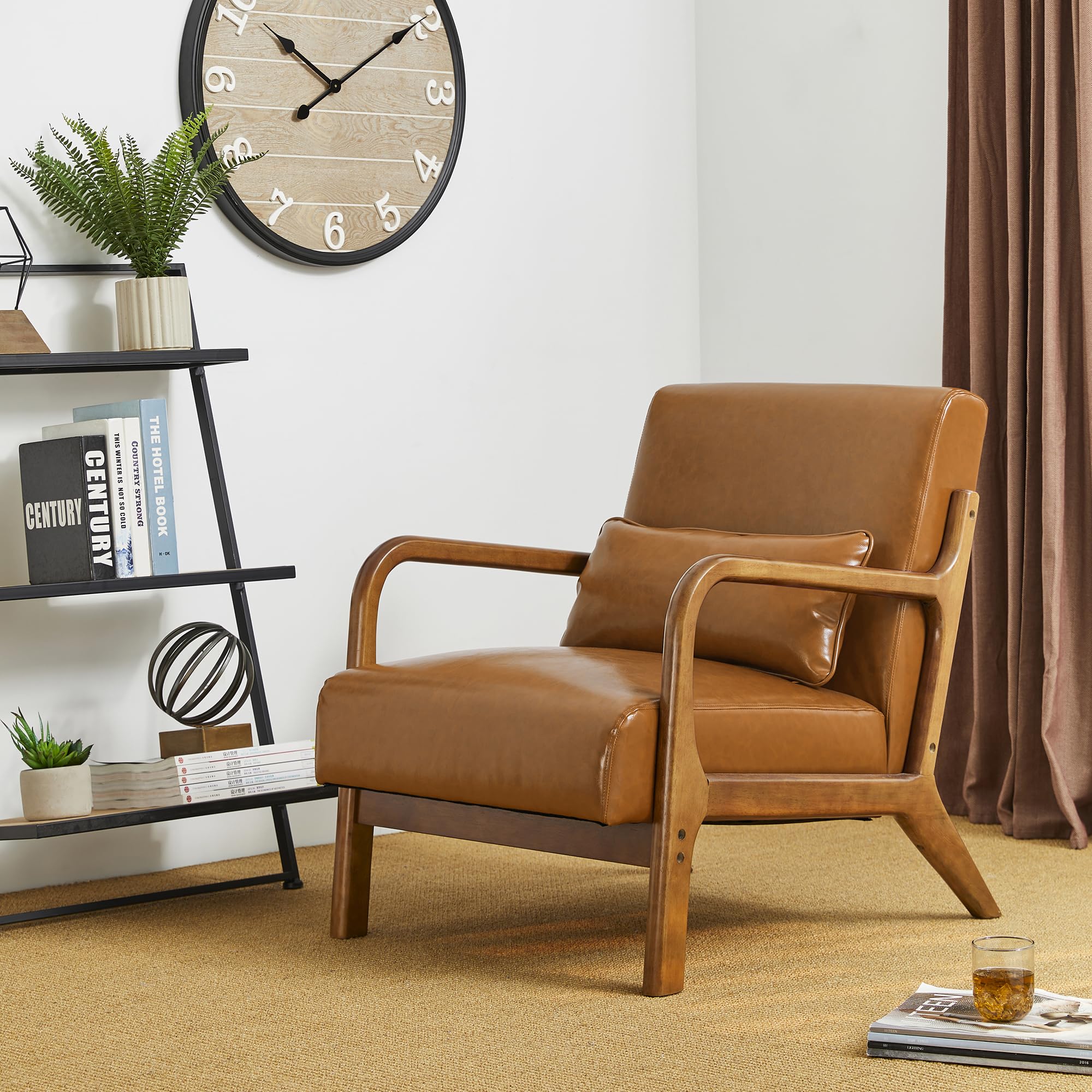 Glitzhome 2 Set Mid Century Black Accent Armchair, Single Reading Armchair PU Leather Lounge Chair with Walnut Ruberwood Frame