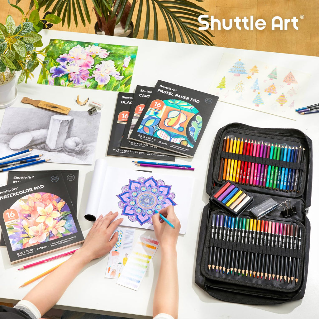 Shuttle Art 103 PCS Drawing Kit, Professional Drawing Supplies with Sketch, Charcoal, Colored, Graphite, Pastel Pencils & Sticks, Complete Drawing Tools and Paper Pads in Zipper Case for Artists&Kids