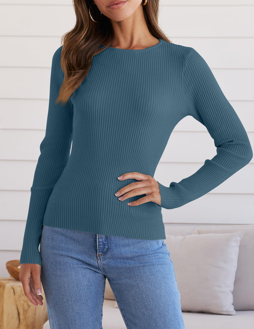 ZESICA Women's Long Sleeve Crewneck Shirts 2026 Spring Ribbed Knit Sweater Slim Fitted Casual Basic Tee Tops