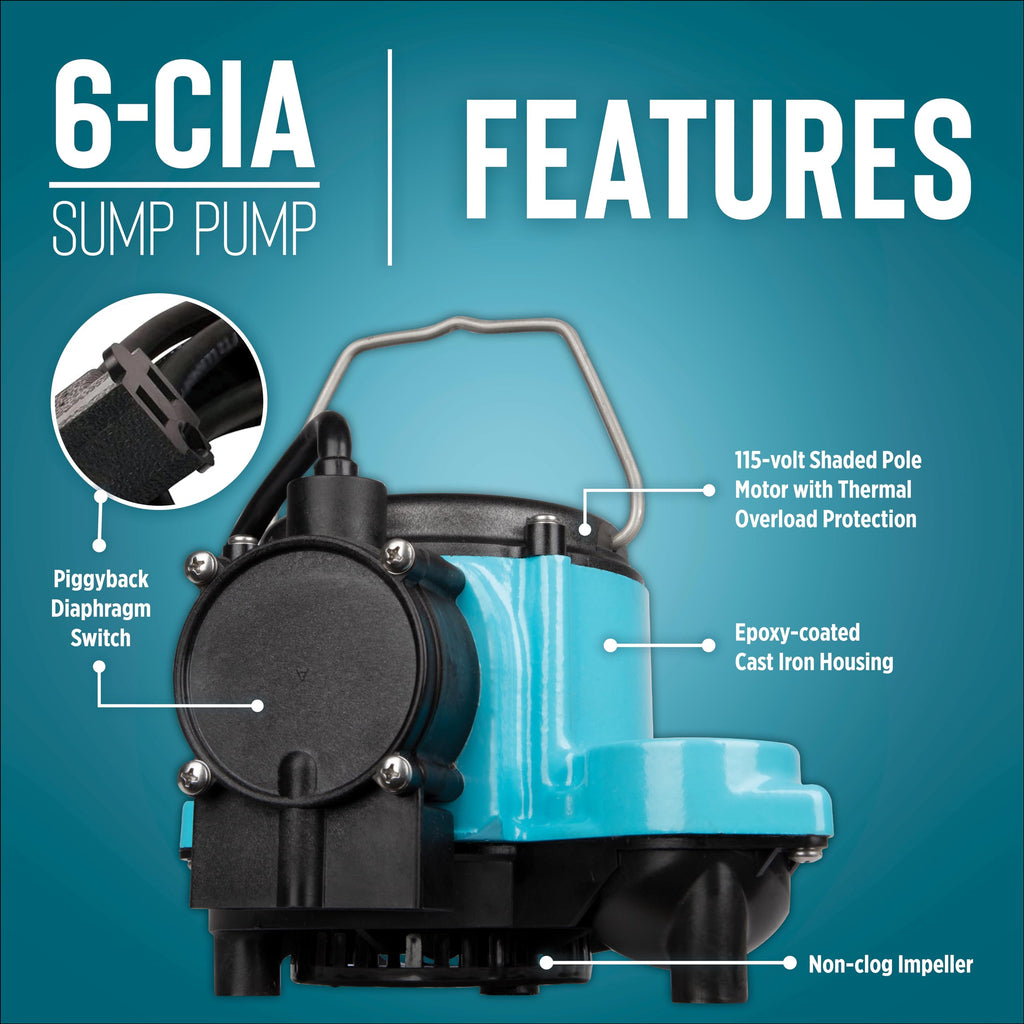 Little Giant 6-CIA 115 Volt, 1/3 HP, 2760 GPH Cast Iron Automatic Submersible Sump Pump with Integral Diaphragm Switch for Sump Systems, 10-Ft. Cord, Blue, 506158