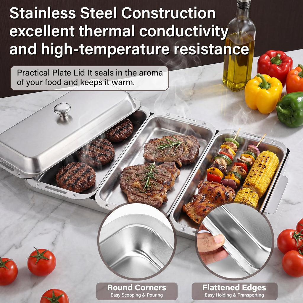 BBQ Vegetable Grill Basket Set, 4 Piece Stainless Steel Grill Pan Set with Universal Handle & lid, Dishwasher Safe, for Outdoor Cooking, Camping, Picnic, For Grilling Fish Veggies & Meats