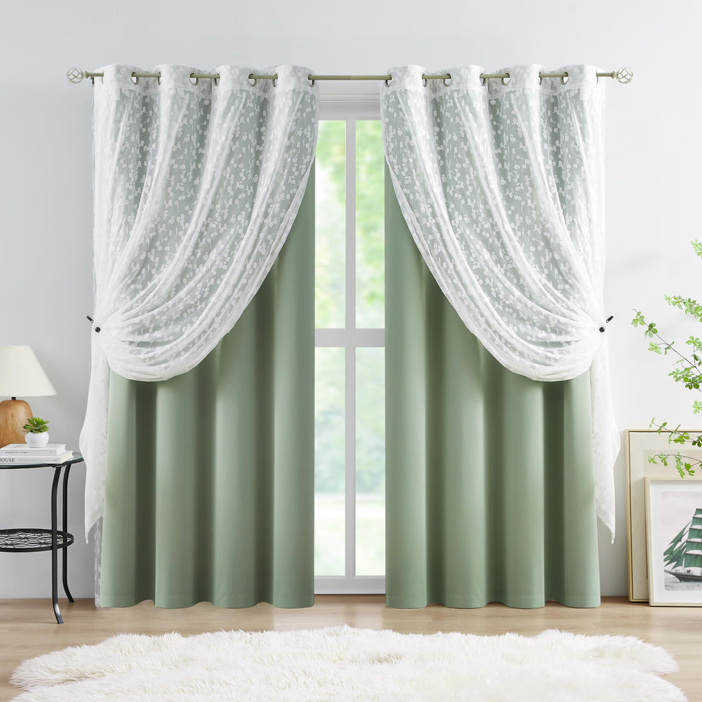Jubilantex Full Blackout Curtains + Leaf Sheer Window Panels, Beige Mix and Match Style Double Layer Window Treatment Sets for Bedroom Living Room, 4 Panels 52" W x 63" L, Beige and White