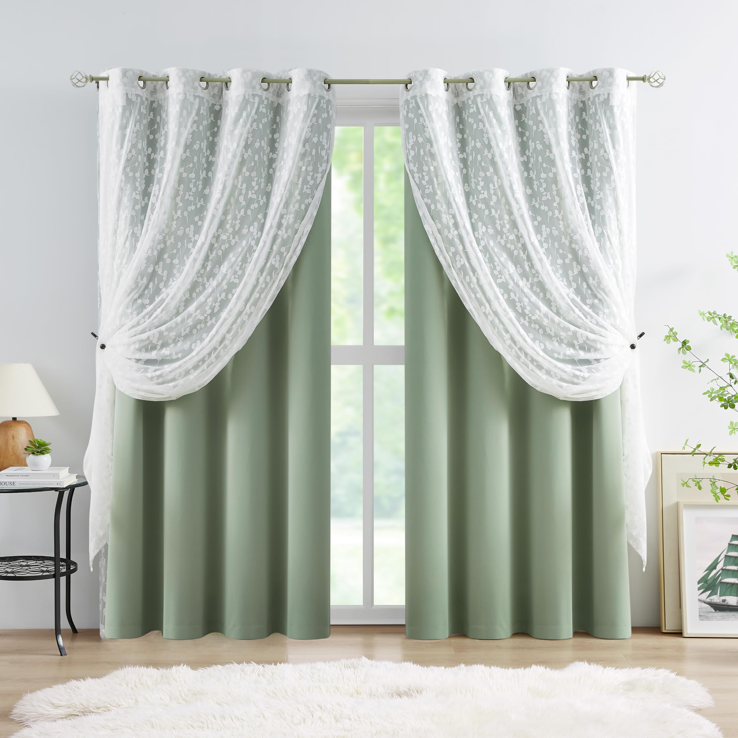 Jubilantex Full Blackout Curtains + Leaf Sheer Window Panels, Beige Mix and Match Style Double Layer Window Treatment Sets for Bedroom Living Room, 4 Panels 52" W x 63" L, Beige and White