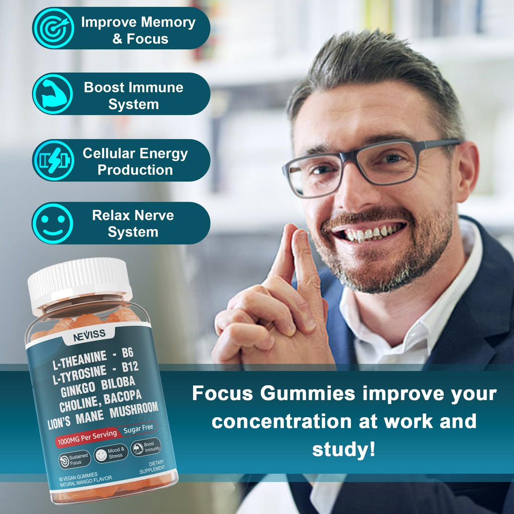 Sugar Free L-Tyrosine Gummies 300mg L-Theanine 200mg Vitamin B6 100mg & B12 500mcg, Brain Health Herbs 300mg w/Ginkgo Biloba, Rhodiola Rosea, Lion's Mane Mushroom for Sustained Focus & Energy, 1Pack