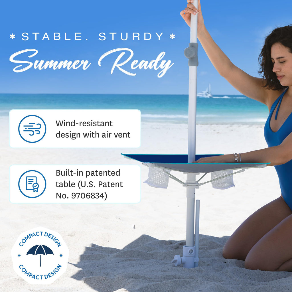 AMMSUN 7ft Heavy Duty High Wind Beach Umbrella with sand anchor, Built-in Table Tray Vent Tilt Pole, UPF 50+ Windproof Portable Outdoor Umbrellas Carry Bag for Patio Garden Pool Backyard stripe