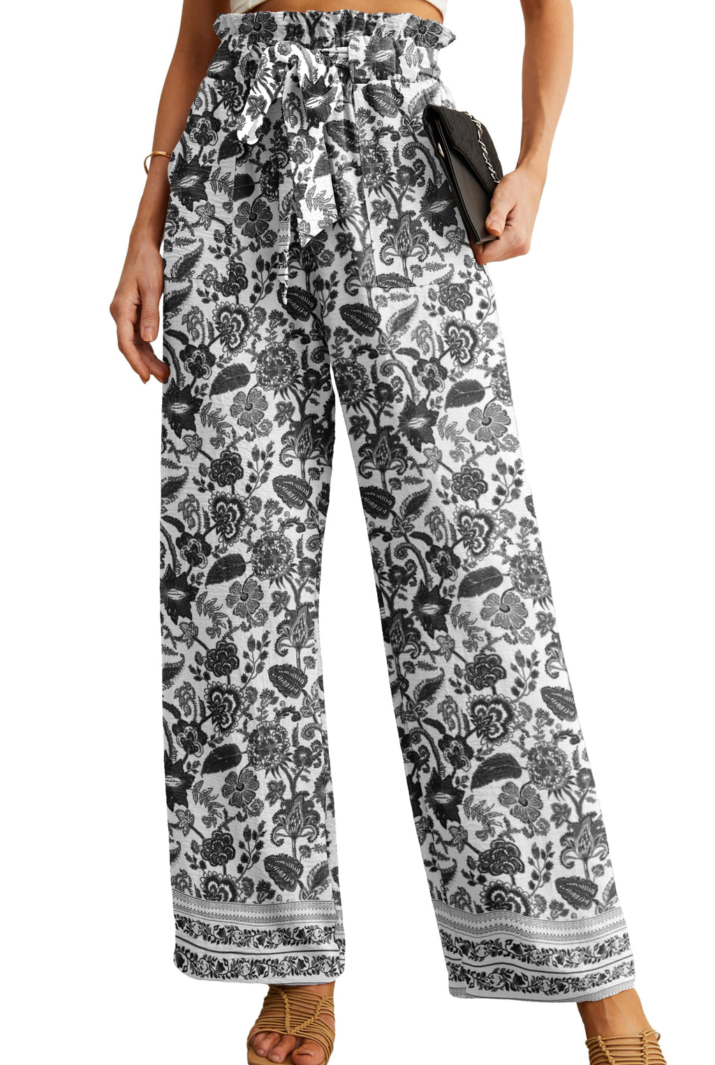 IWOLLENCE Women High Waist Palazzo Pants, Adjustable Knot Ankle Wide Leg Trousers Pockets Beach Vacation Lounge Office