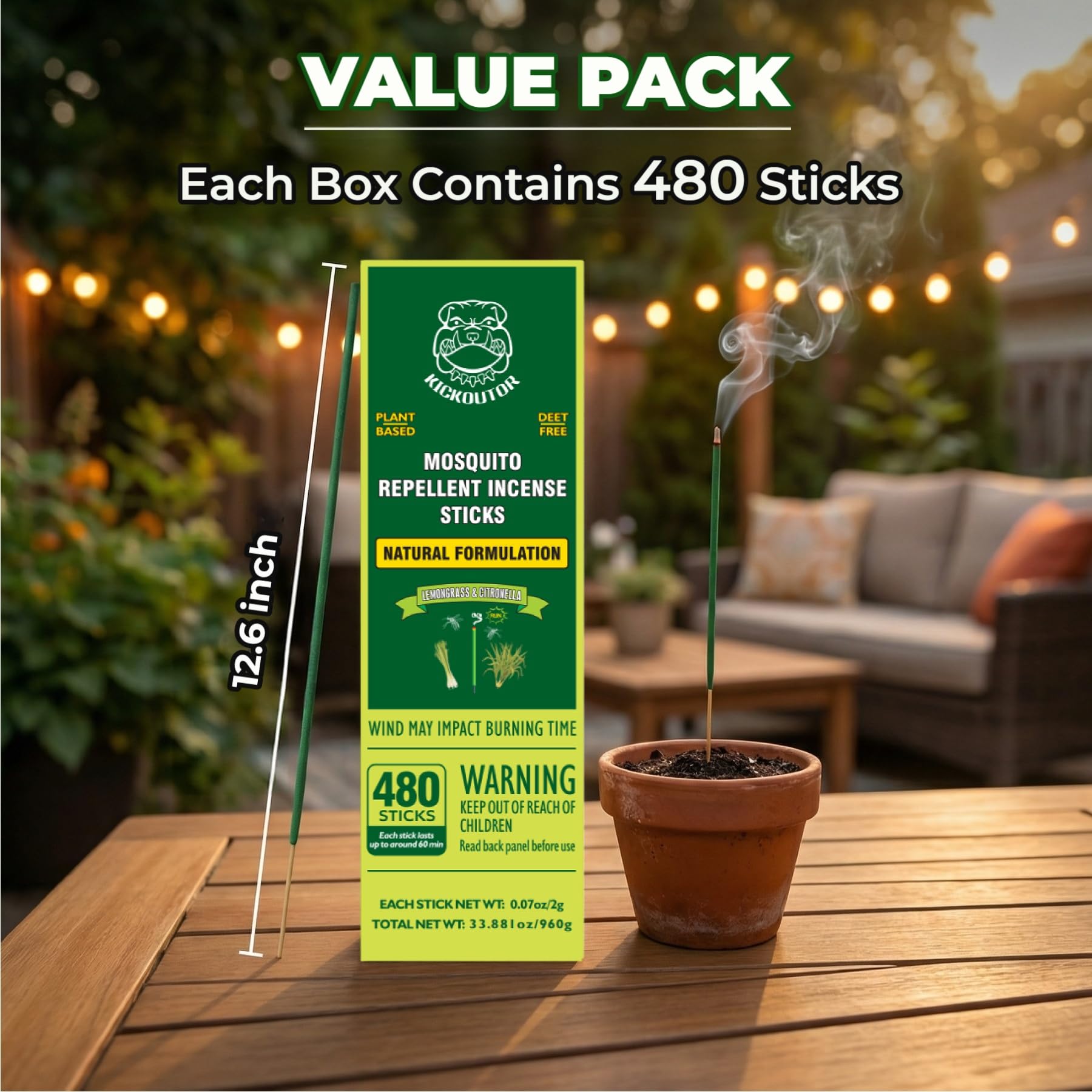 KICKOUTOR Mosquito Repellent Incense Sticks with Natural Citronella Oil, 120 Count DEET-Free Outdoor Protection for Patios, Backyard Gatherings & Camping, Up to 1 Hour Against Gnats & No-See-Ums