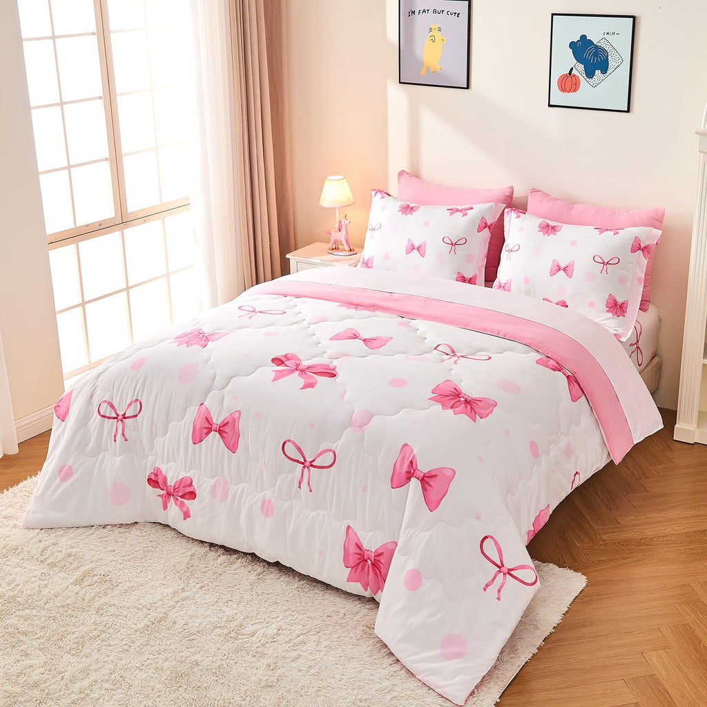 Wajade 7 Piece Blue Bow Comforter Set for Girls Kids Twin Size Bedding Set with Sheet and 2 Pillowcases 2 Pillow Shams Cute Girls Bed in a Bag as Birthday Choice