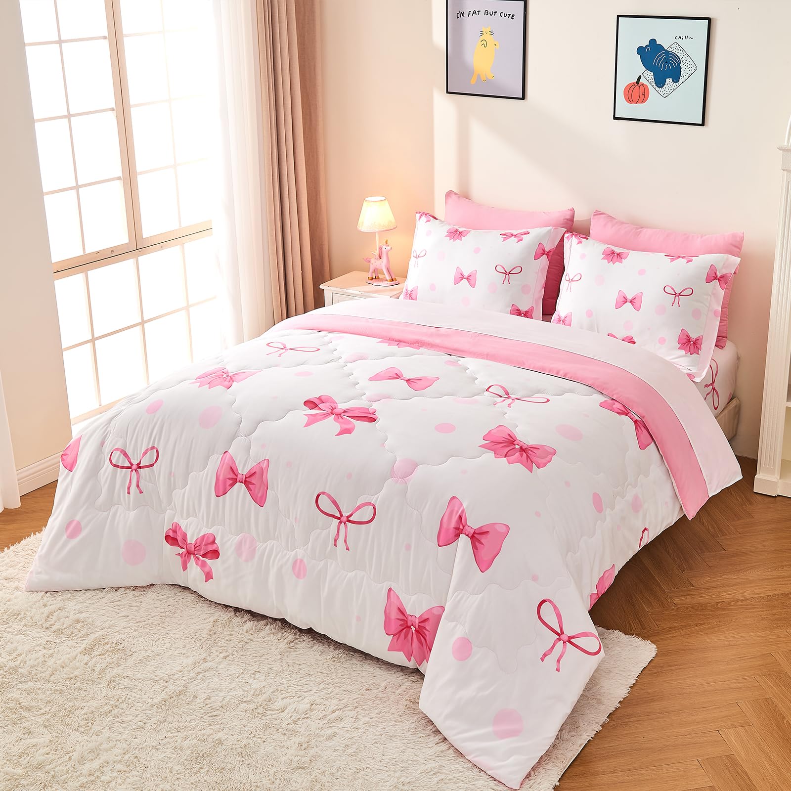 Wajade 7 Piece Blue Bow Comforter Set for Girls Kids Twin Size Bedding Set with Sheet and 2 Pillowcases 2 Pillow Shams Cute Girls Bed in a Bag as Birthday Choice