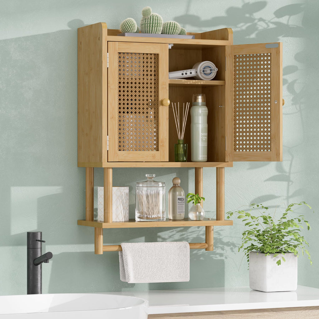 AmazerBath Bathroom Wall Cabinets, Bamboo Medicine Cabinet with Rattan Door, Over The Toilet Storage Cabinet with Towel Bar, Wall Mounted Cabinet with Adjustable Shelves for Small Spaces