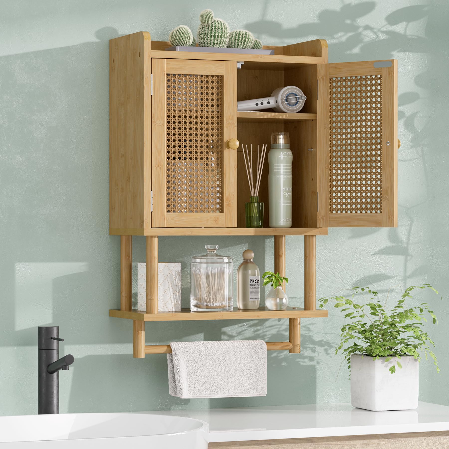 AmazerBath Bathroom Wall Cabinets, Bamboo Medicine Cabinet with Rattan Door, Over The Toilet Storage Cabinet with Towel Bar, Wall Mounted Cabinet with Adjustable Shelves for Small Spaces