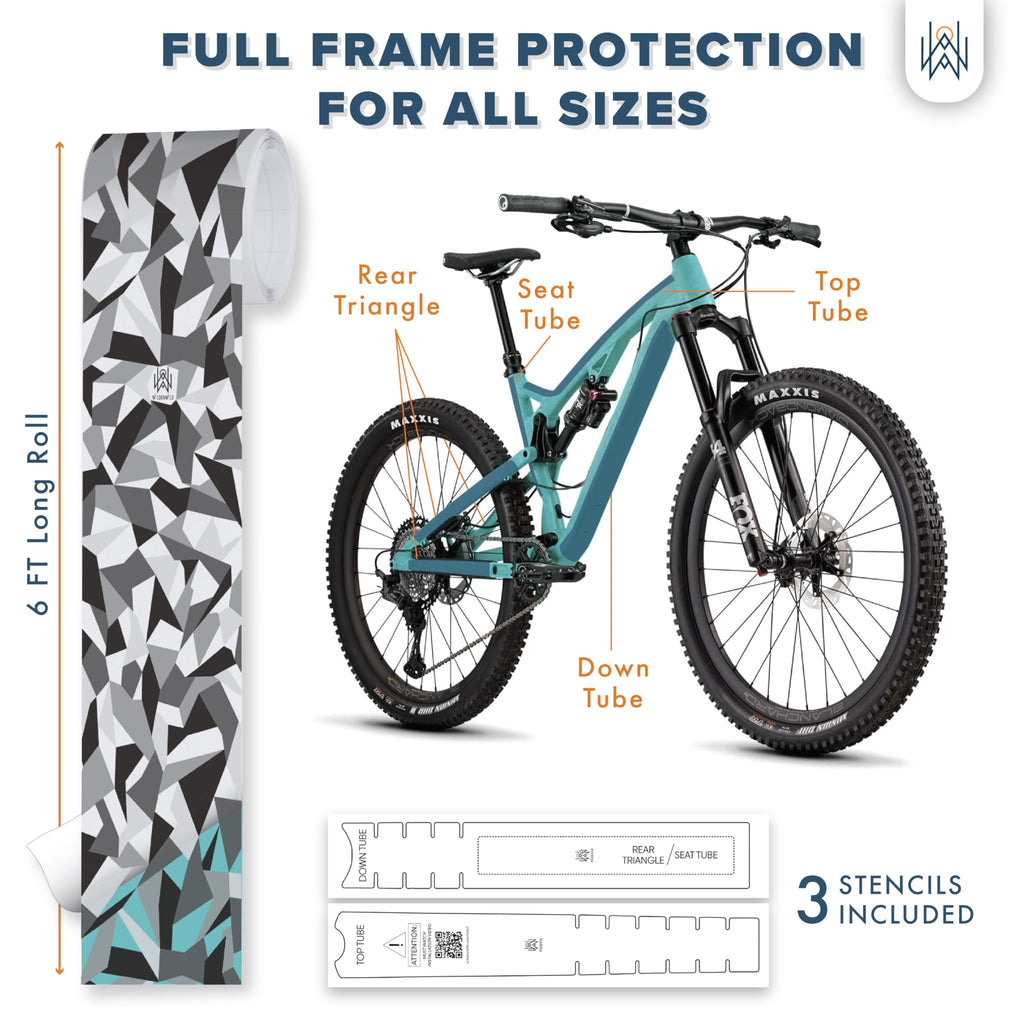 Bike Frame Protection Tape- High Impact Clear Vinyl Wrap Includes Tool (4”x72) Bicycle Frame Protector, Mountain Bike Frame Guard Chainstay Protector (Art Deco)