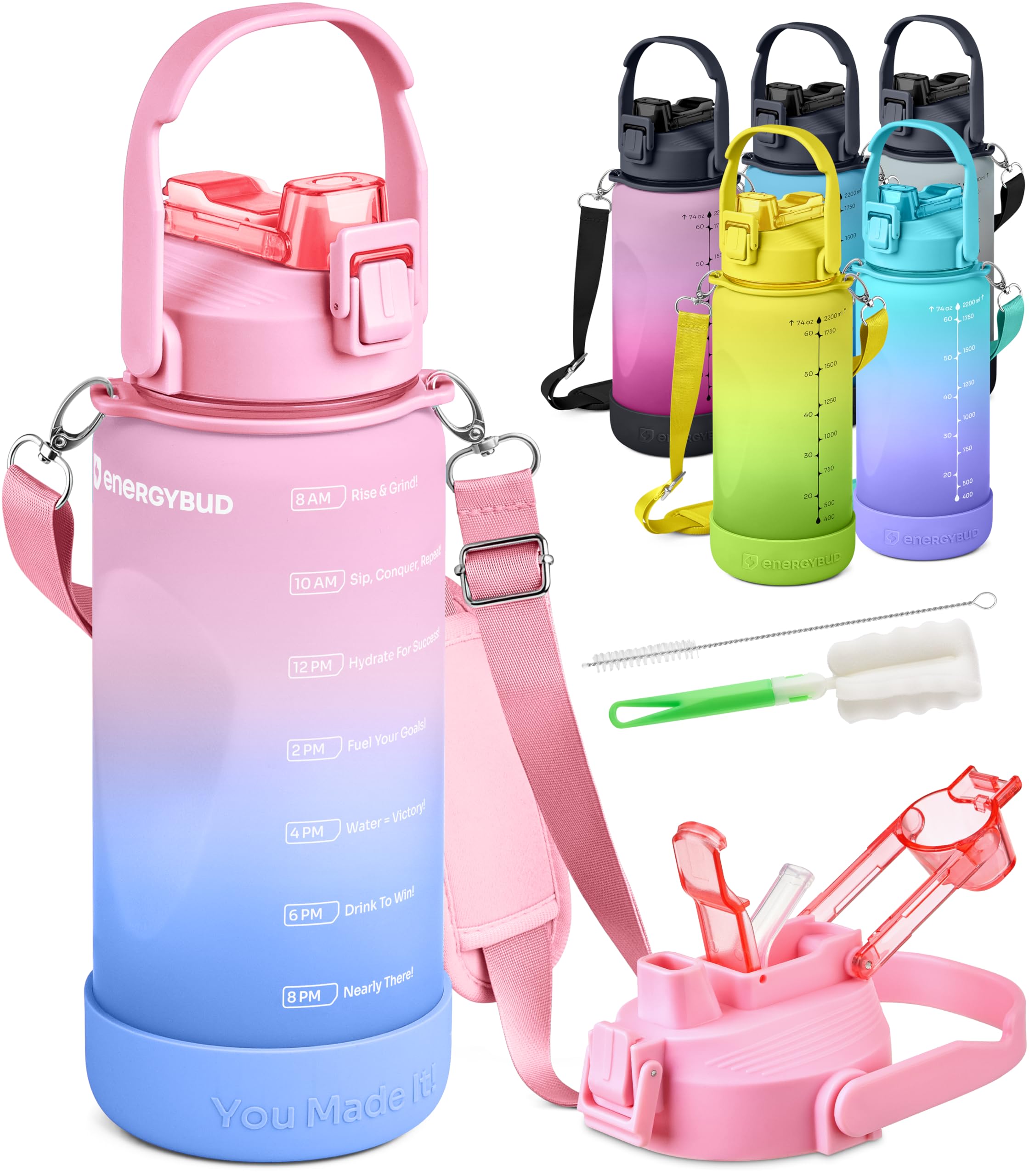 1/2 Gallon Water Bottle with 74.3 oz Capacity - Motivational Time Markers for Daily Hydration Goals - Leakproof BPA Free Tritan with Removable Straw