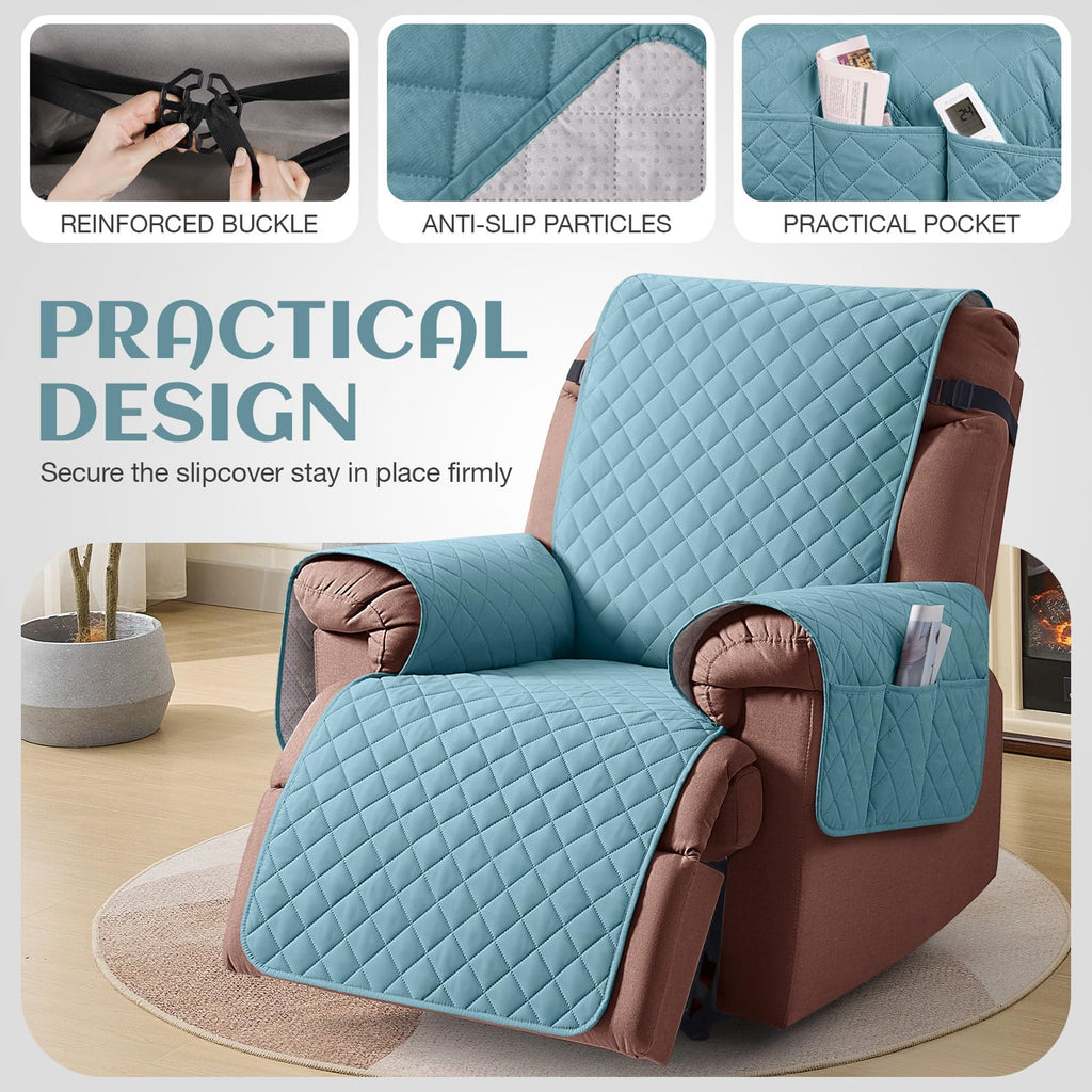 KinCam 100% Waterproof Recliner Chair Cover, Reclining Couch Covers for Pets, Dogs, Recliner Couch Slipcover Furniture Protector with Elastic Straps for Kids(23.6", Beige White)