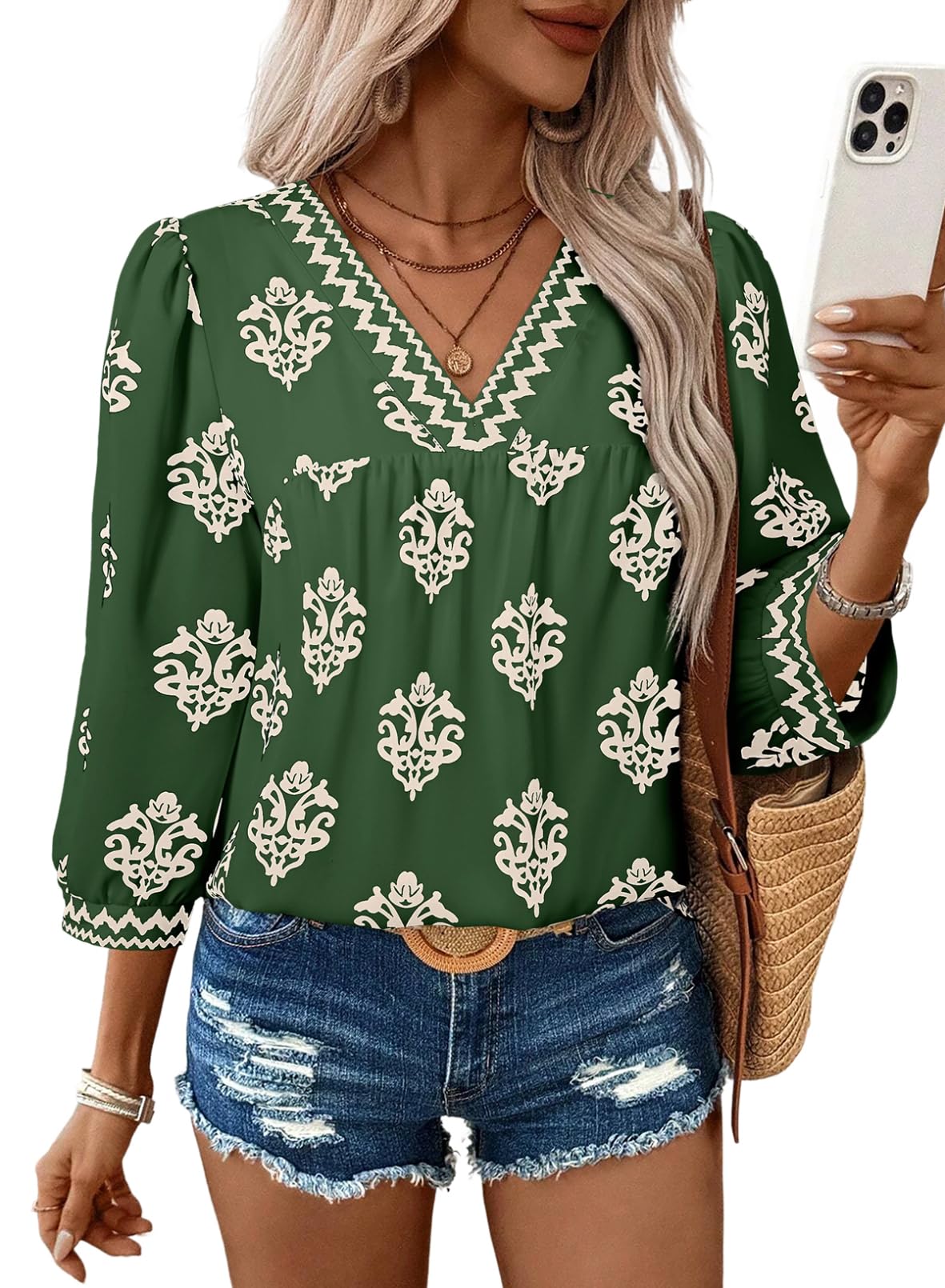 SHEWIN Women's Casual V Neck Floral Print Chiffon Blouses 3/4 Sleeve Boho Summer Tops Shirts