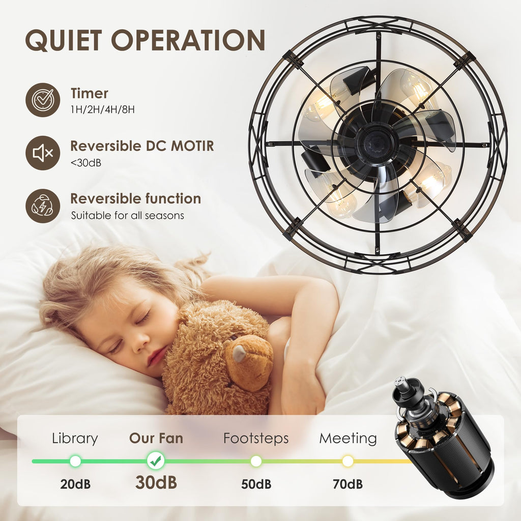 ZYD Caged Ceiling Fan with Light, 20" Ceiling Fan with Lights and Remote Flush Mount, Bladeless Caged Ceiling Fans with Lights, Matte Black Rustic Fan for Bedroom, Kitchen, Dining Room