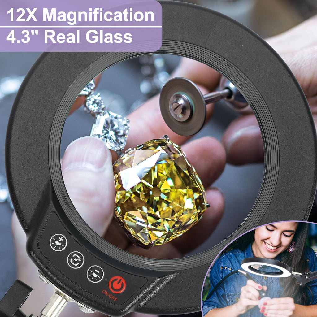 12X Magnifying Glass with Light and Stand, Real Glass, 5 Color Modes, Brightness Stepless Dimmable Lighted Magnifier Hands Free, 2-in-1 Desk Lamp & Clamp Light, Magnifier Lamp for Close Work, Reading