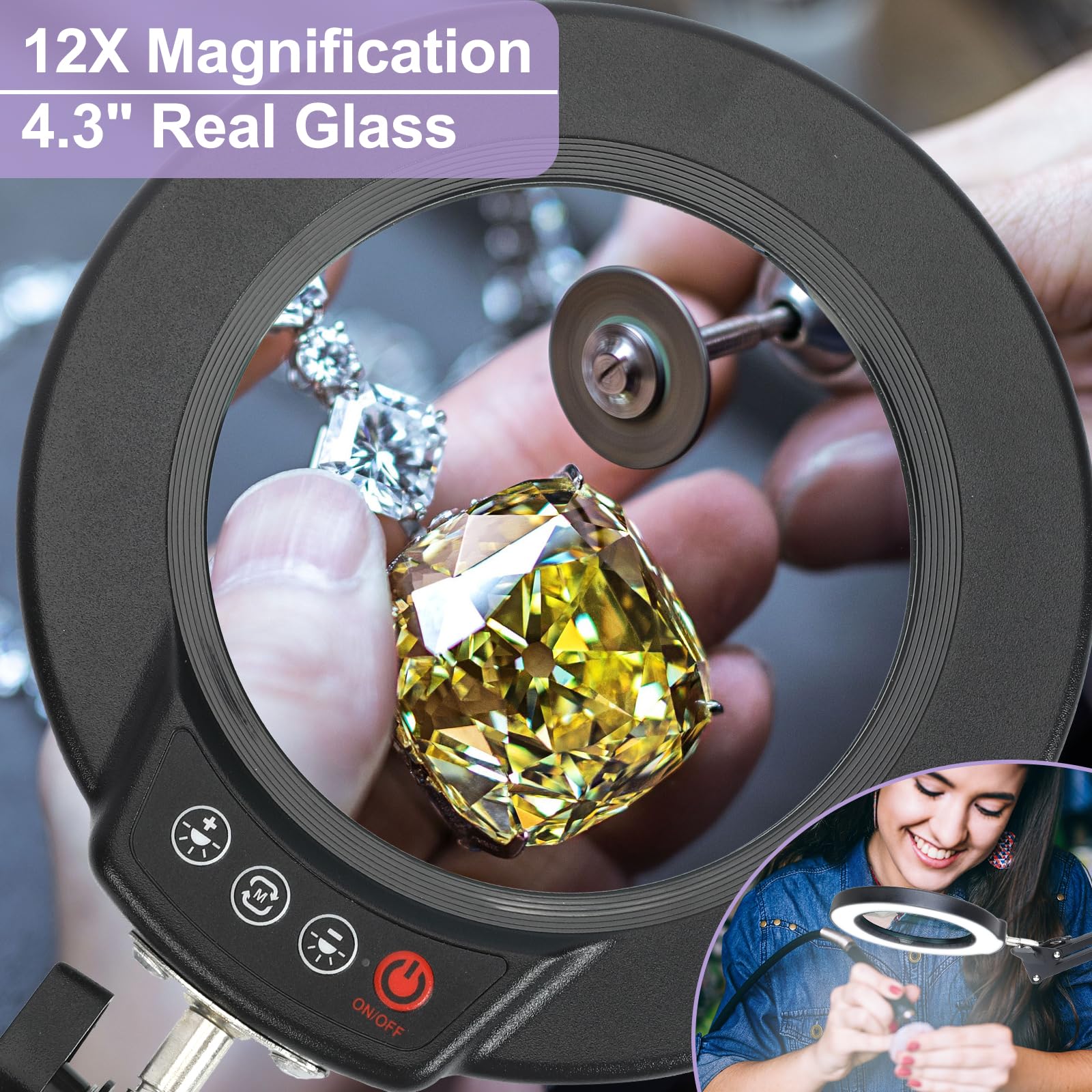 12X Magnifying Glass with Light and Stand, Real Glass, 5 Color Modes, Brightness Stepless Dimmable Lighted Magnifier Hands Free, 2-in-1 Desk Lamp & Clamp Light, Magnifier Lamp for Close Work, Reading