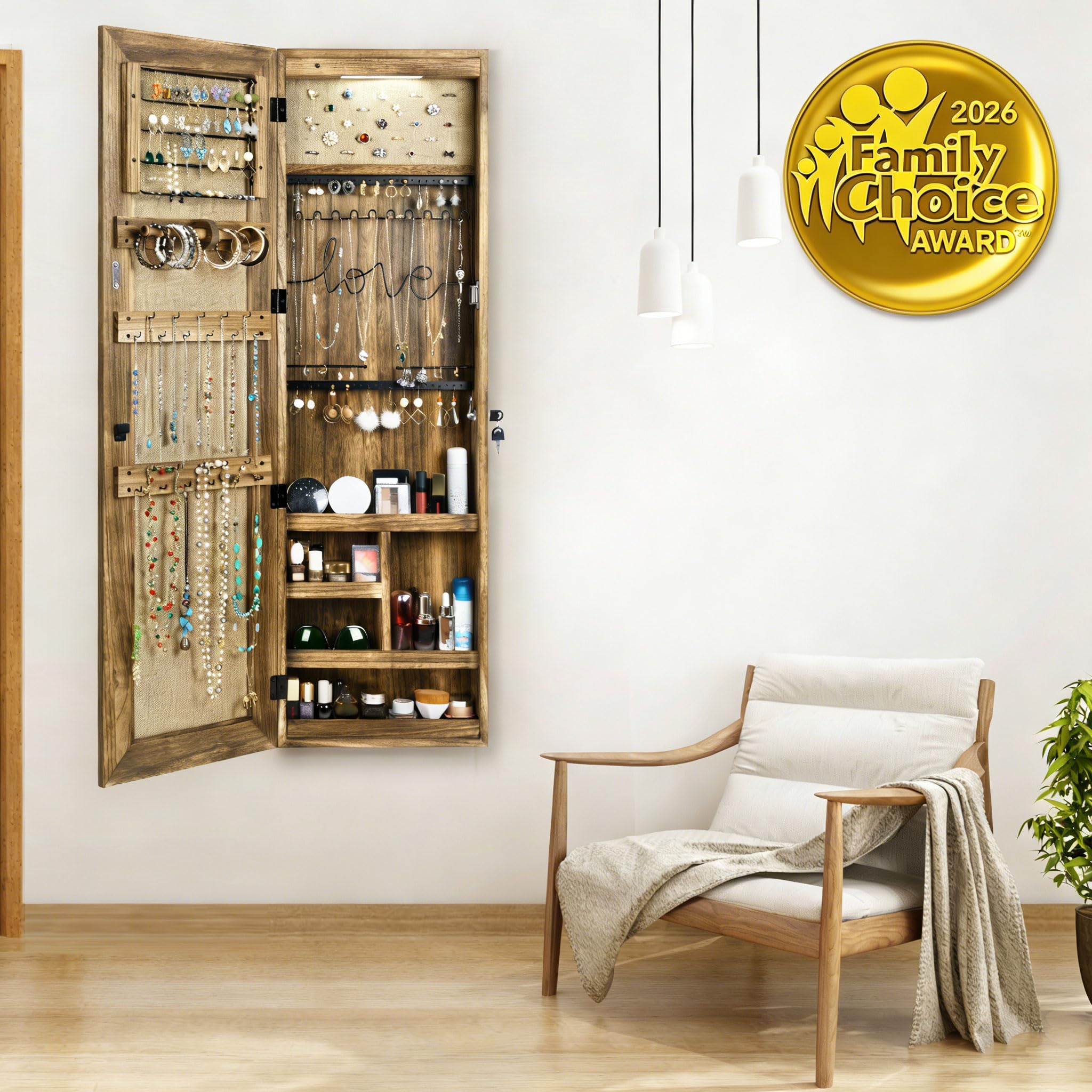 SRIWATANA Jewelry Armoire Cabinet, Solid Wood Standing Jewelry Organizer with Full Length Mirror (Carbonized Black)