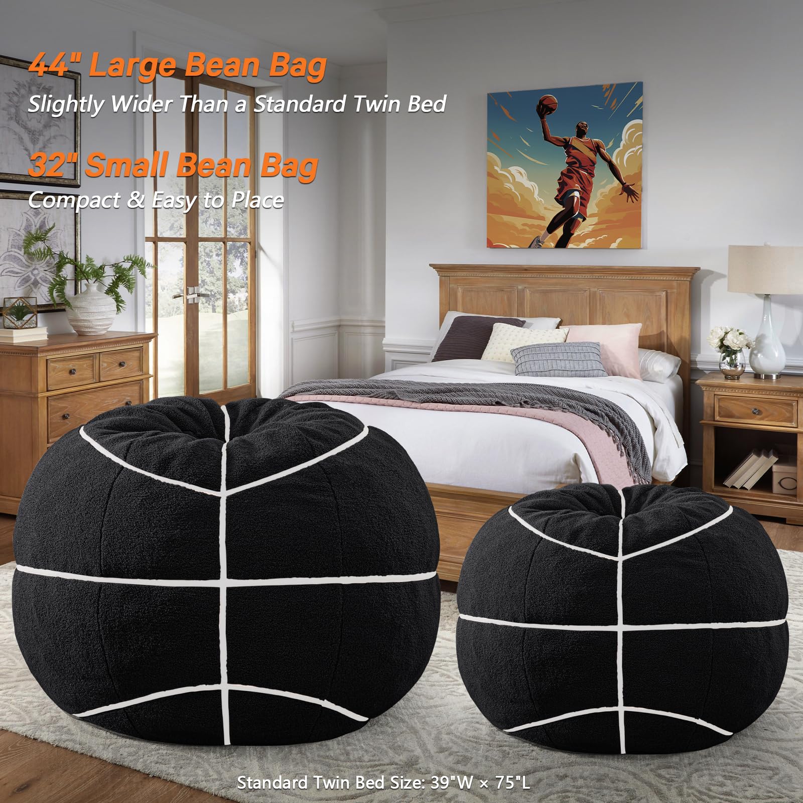 Sports Baseball Bean Bag Chair - Luxurious Bean Bag Chairs for Kids Teens Adults - Floor Sofa Couch with Filler - Plush BeanBag Furniture for Living Room Bedroom College Dorm - 32 Inch