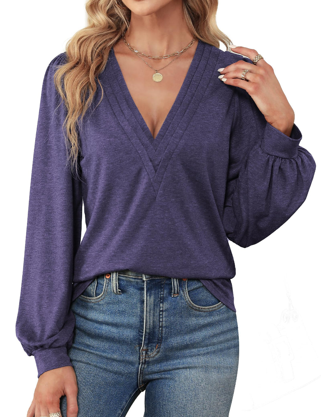 Agnes Urban Womens V Neck Long Sleeve Tops Dressy Casual Fall Shirts Puff Sleeve Loose Tunic Trendy Tops Blouses
