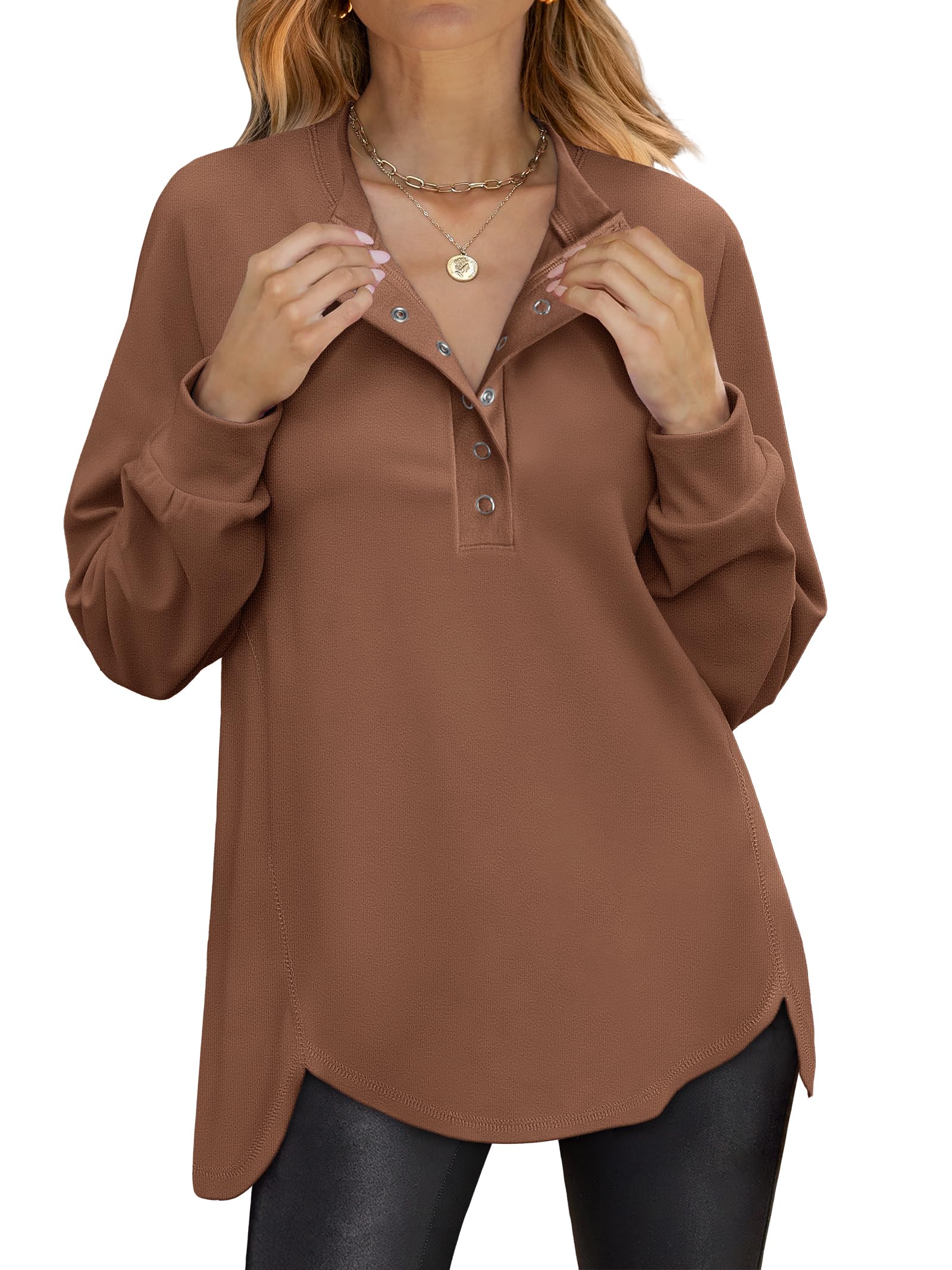 ANRABESS Women's Long Sleeve Henley Oversized Sweatshirts | Button Slit Hem Tunic Tops, Soft Loose Fit Pullover, School Work Office Outfits, Lounge Casual, Fall Winter Clothes