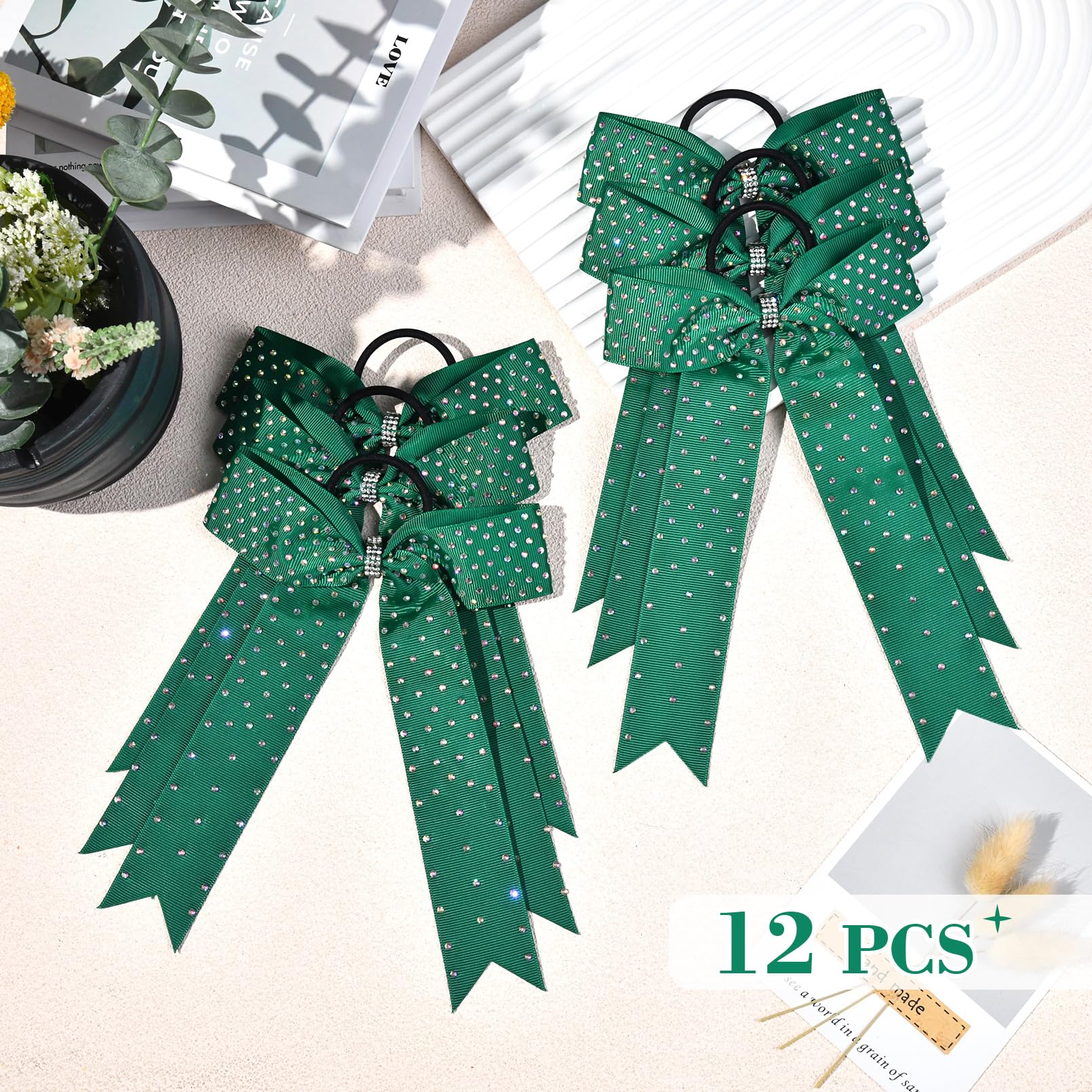DEEKA 12 Count Collegiate Style Cheer Bows, Forest Green with Rhinestones, Handmade Bows for Girls Teens Cheerleader Sports