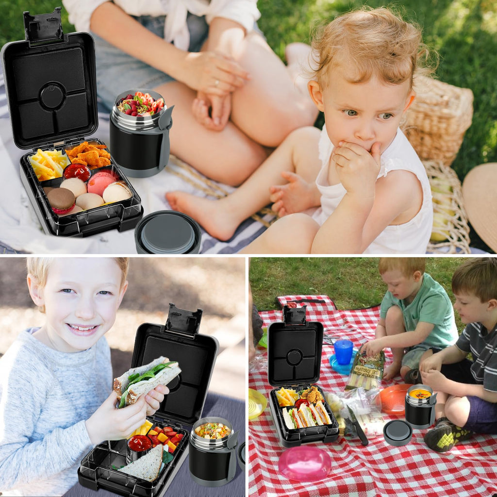 Bento Lunch Box Set for Kids with 10oz Soup Thermo, Leak-Proof Lunch Containers with 4 Compartment, Kids Thermo Hot Food Jar and Insulated Lunch Bag for Kid to School,BPA-Free(Basketball)