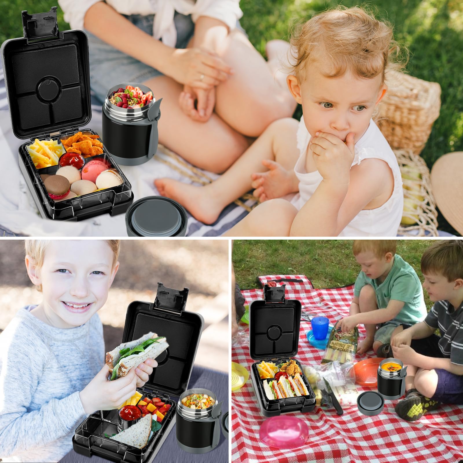 Bento Lunch Box Set for Kids with 10oz Soup Thermo, Leak-Proof Lunch Containers with 4 Compartment, Kids Thermo Hot Food Jar and Insulated Lunch Bag for Kid to School,BPA-Free(Basketball)