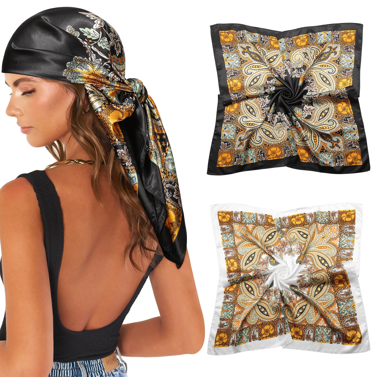 AWAYTR 35” Large Satin Square Head Scarf - 2Pcs Silk Like Floral Head Scarves Square Satin Hair Scarf Bandanas for Women