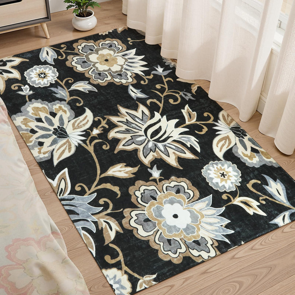 Lahome Floral Washable Area Rugs - 2x3 Non-Slip Small Entryway Rug Indoor, Throw Stain Resistant Kitchen Rugs Soft Black Paisley Print Bathroom Mats DoorMat Carpet for Bedroom Laundry Living Room Sink
