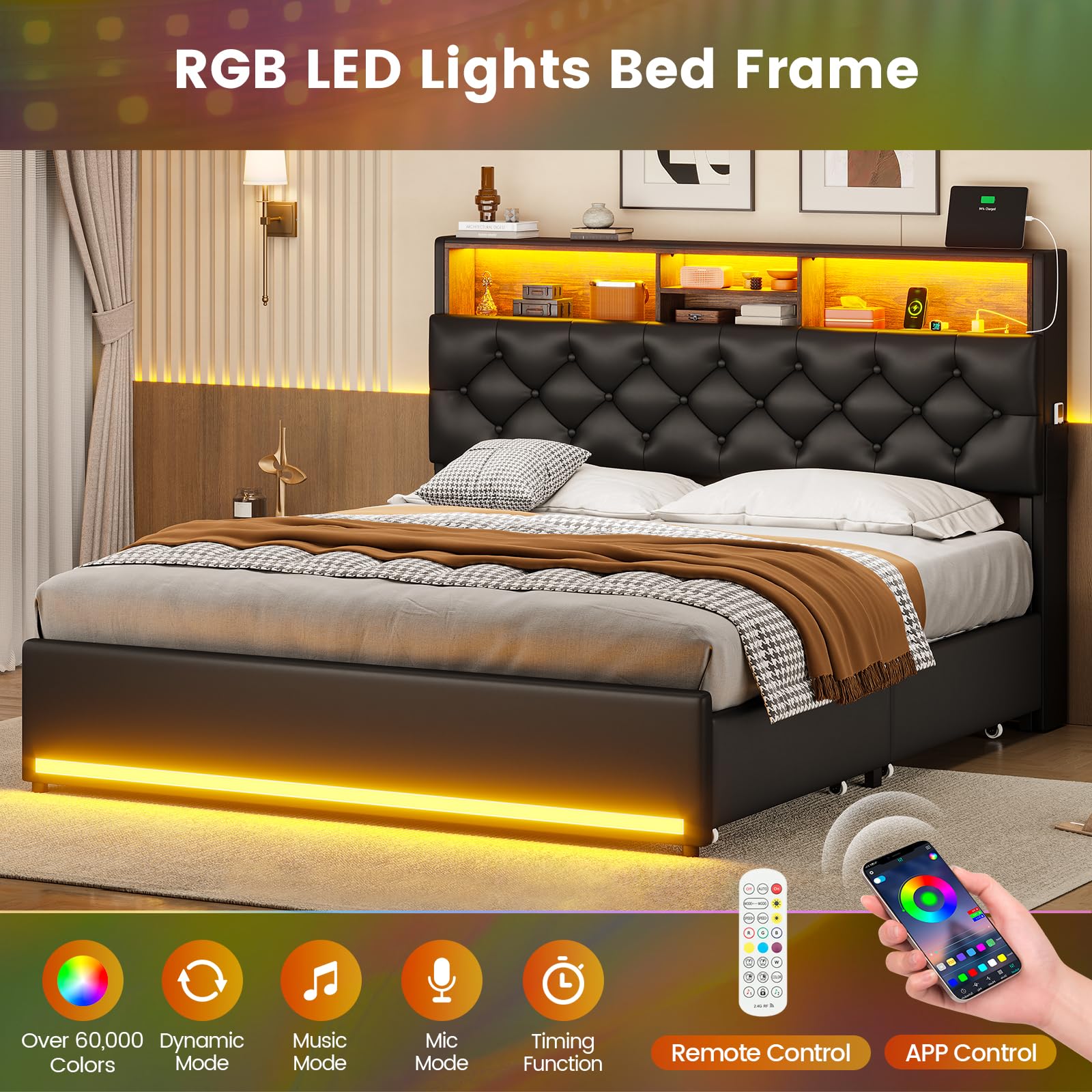 BTHFST Twin Bed Frames with Headboard & 4 Drawers, LED Bed Frame Twin with Charging Station, Upholstered and Metal Twin Bed with Storage, No Box Spring Needed, Black PU