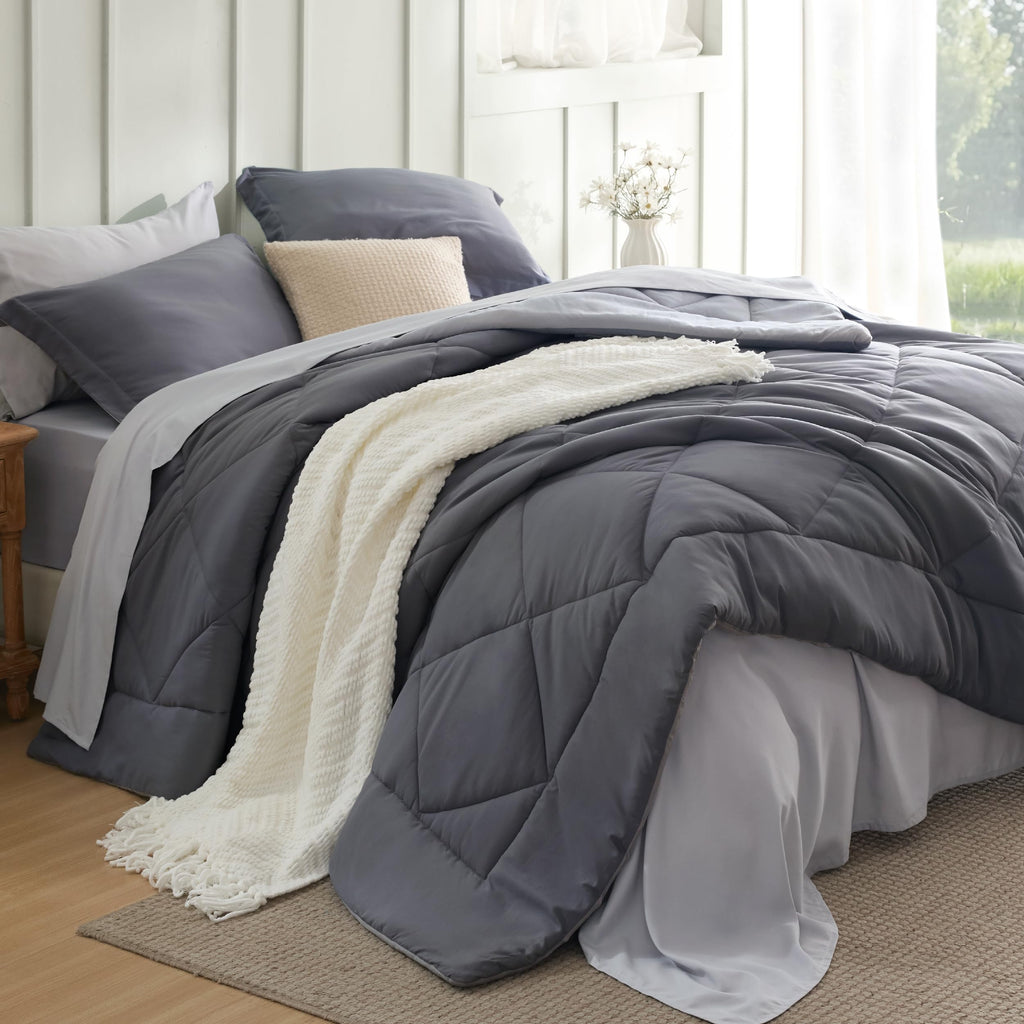 Bedsure Twin Comforter Set - 5 Pieces Reversible Grey Bedding, Twin Size Bed Set for All Seasons, Bed in a Bag with Down Alternative Comforter, Sheets, Pillowcase & Sham