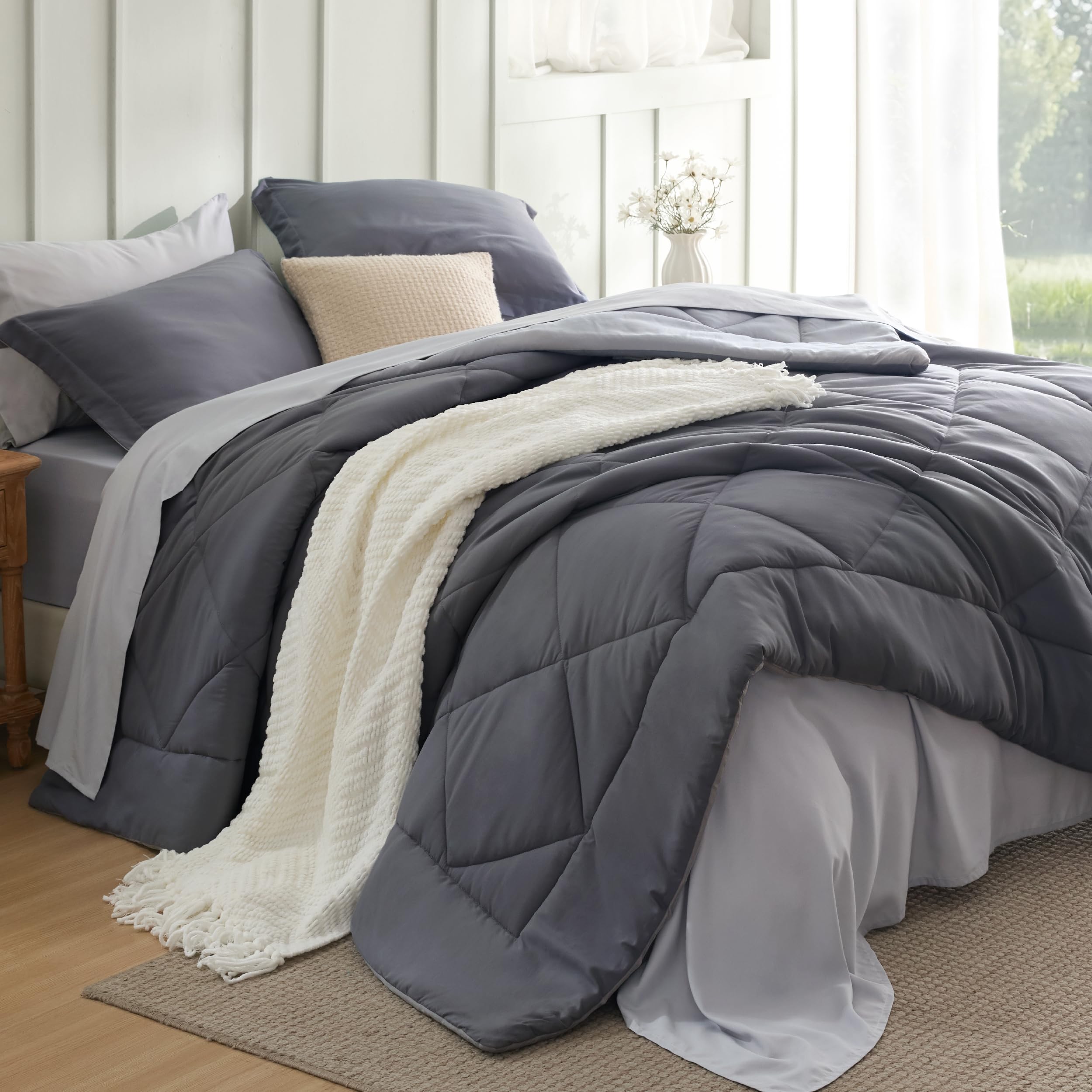 Bedsure Twin Comforter Set - 5 Pieces Reversible Grey Bedding, Twin Size Bed Set for All Seasons, Bed in a Bag with Down Alternative Comforter, Sheets, Pillowcase & Sham