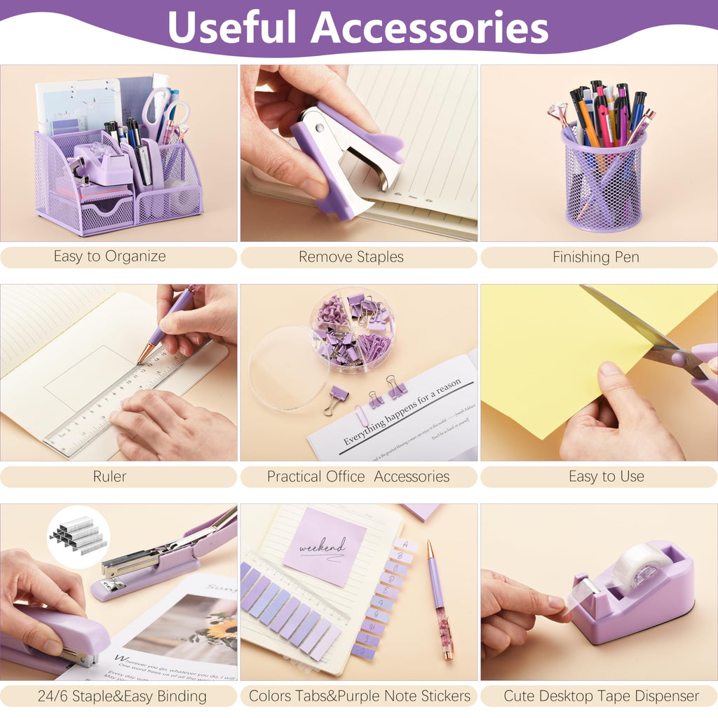 Fayoo 11 Pcs Pink Office Supplies Set Mesh Desk Organizer Accessories Kit include Stapler Tape Dispenser Staple Remover Clips Ruler Scissors Sticky Notes for Office School Home Women (Pink)