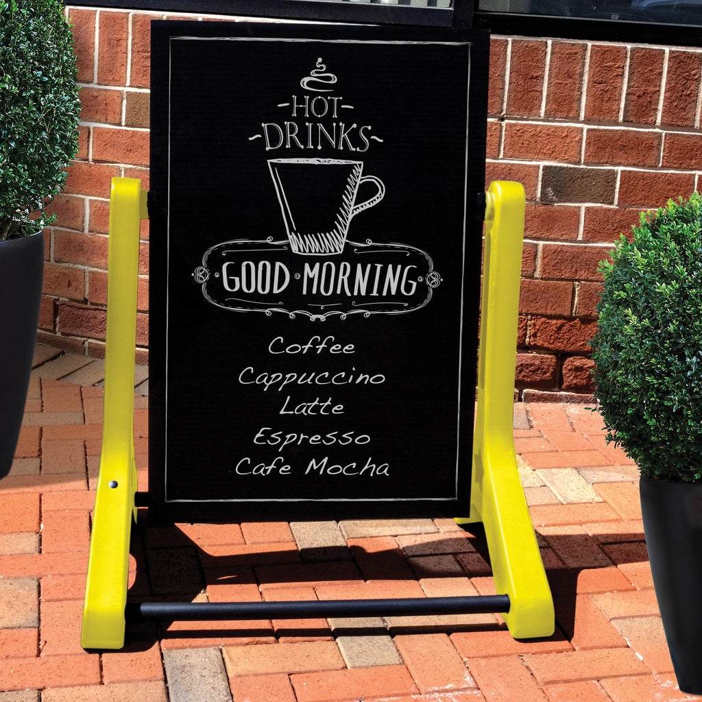 Swinging Changeable Message Sidewalk Sign: 24" x 36" Sign with 792 Pre-Cut Double Sided Letters and Storage Box. Includes Black Board & Letter Board (Black Color Legs)