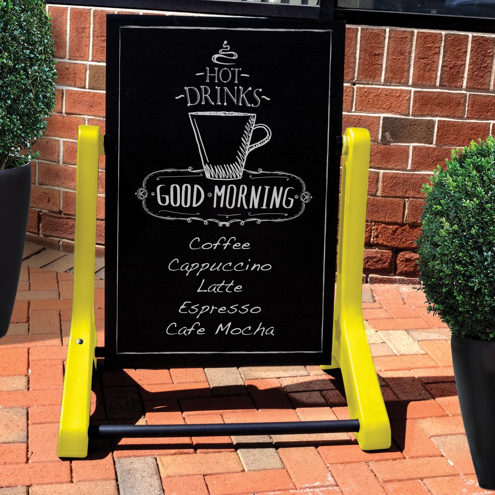 Swinging Changeable Message Sidewalk Sign: 24" x 36" Sign with 792 Pre-Cut Double Sided Letters and Storage Box. Includes Black Board & Letter Board (Black Color Legs)