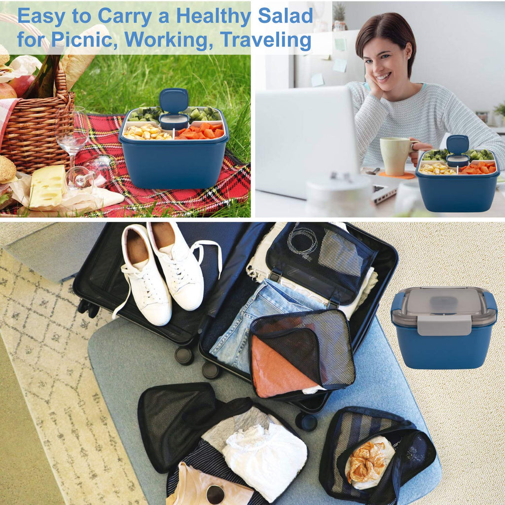 Freshmage Salad Lunch Container To Go, 52-oz Salad Bowls with 3 Compartments, Salad Dressings Container for Salad Toppings, Snacks, Men, Women (Blue)