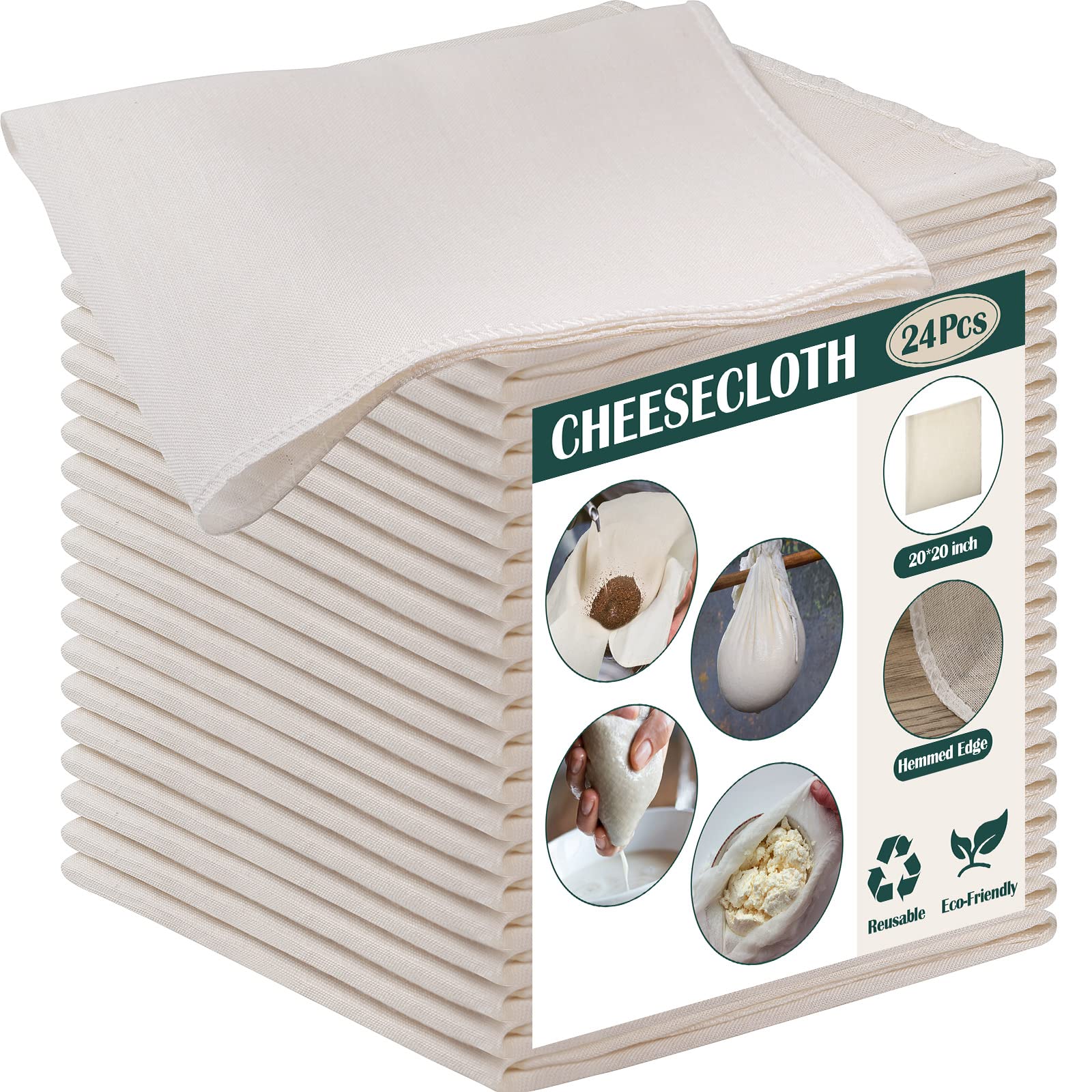 Reginary 24 Pcs 15 x 15 Inches Cheese Cloths Bulk, Grade 100, Hemmed Reusable Cheesecloth Bag for Straining Unbleached Cotton Muslin Cloth for Cheese Making, Cooking, Baking, Juicing, Butter, Turkey