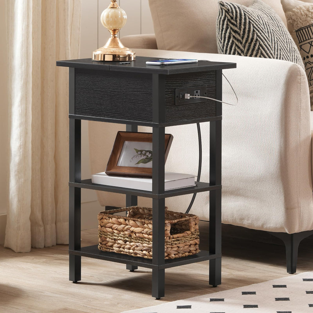 HOOBRO End Table with Charging Station, Flip Top Side Table with USB Ports, Narrow Nightstand Bedside Tables with Storage Shelves, for Small Space, Living Room, Black BK141UBZ01