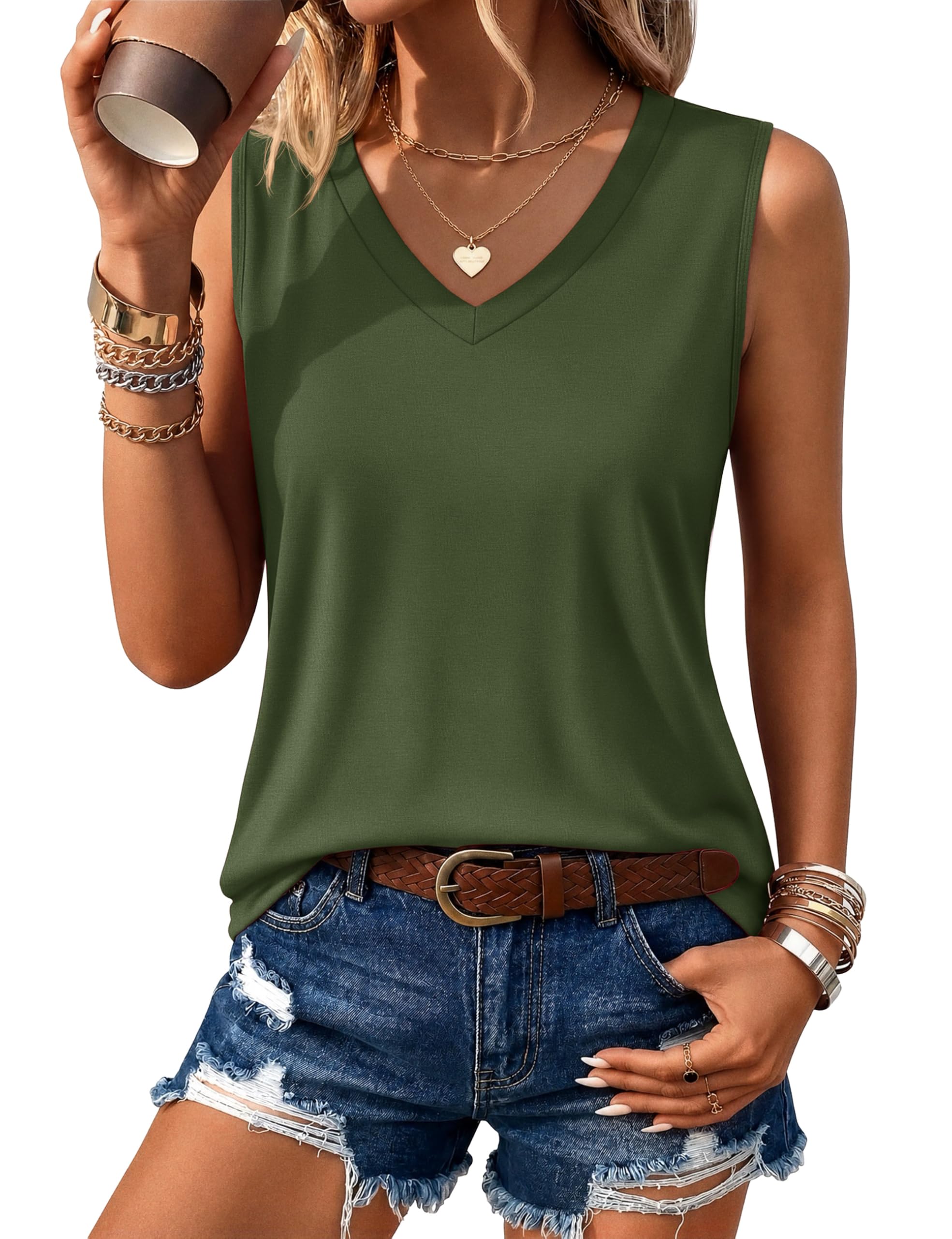 YUCOLEN Women's Tank Tops Loose Fit V Neck Summer UPF 50+ Flowy Curved Hem Basic Casual Sleeveless Tops